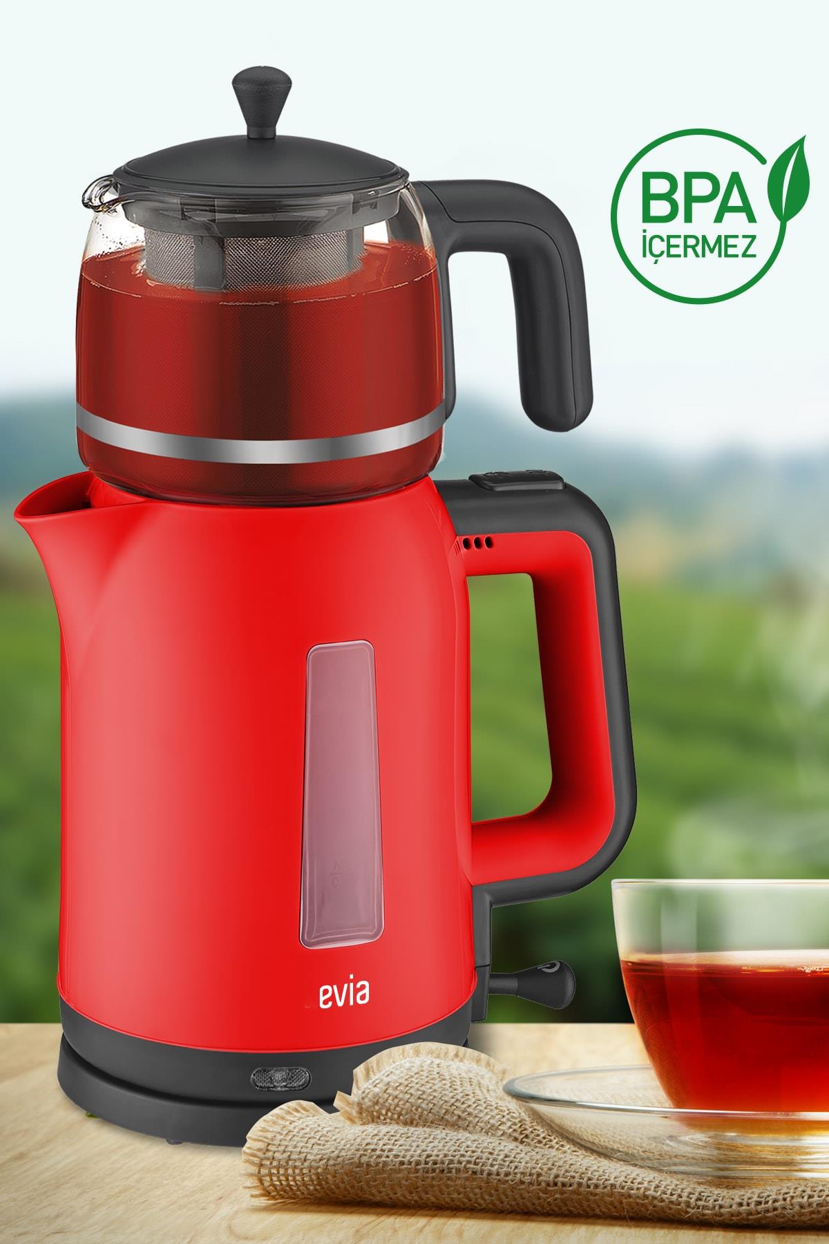 Evia Çayzade Kırmızı 2200 Watt Bpa İçermeyen Çay Makinesi ve Su Isıtıcısı