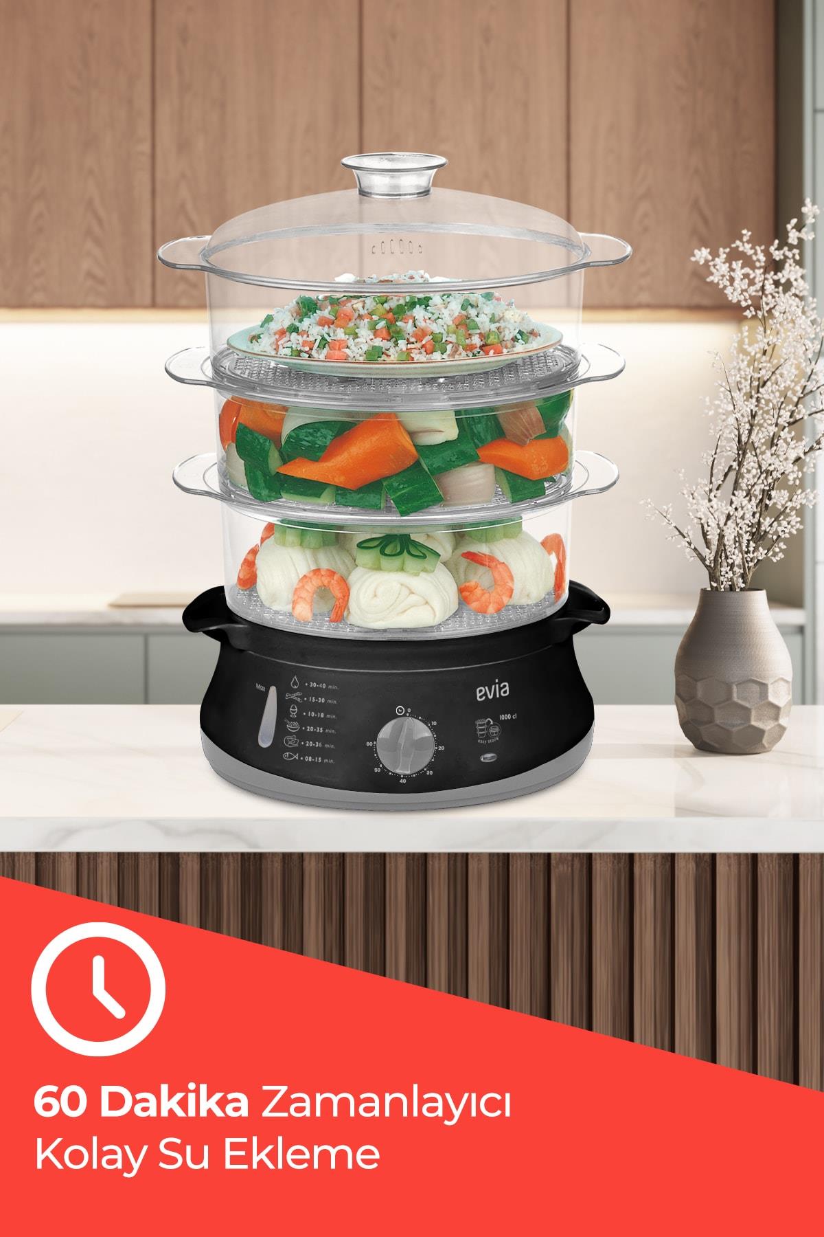 Evia Zaman Ayarlı 10 Litre Bpa İçermeyen Buharlı Pişirici