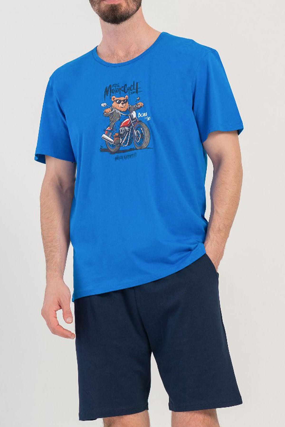 Mısırlı Erkek Pamuklu Mavi Kısa Kollu Şort Pijama Takımı