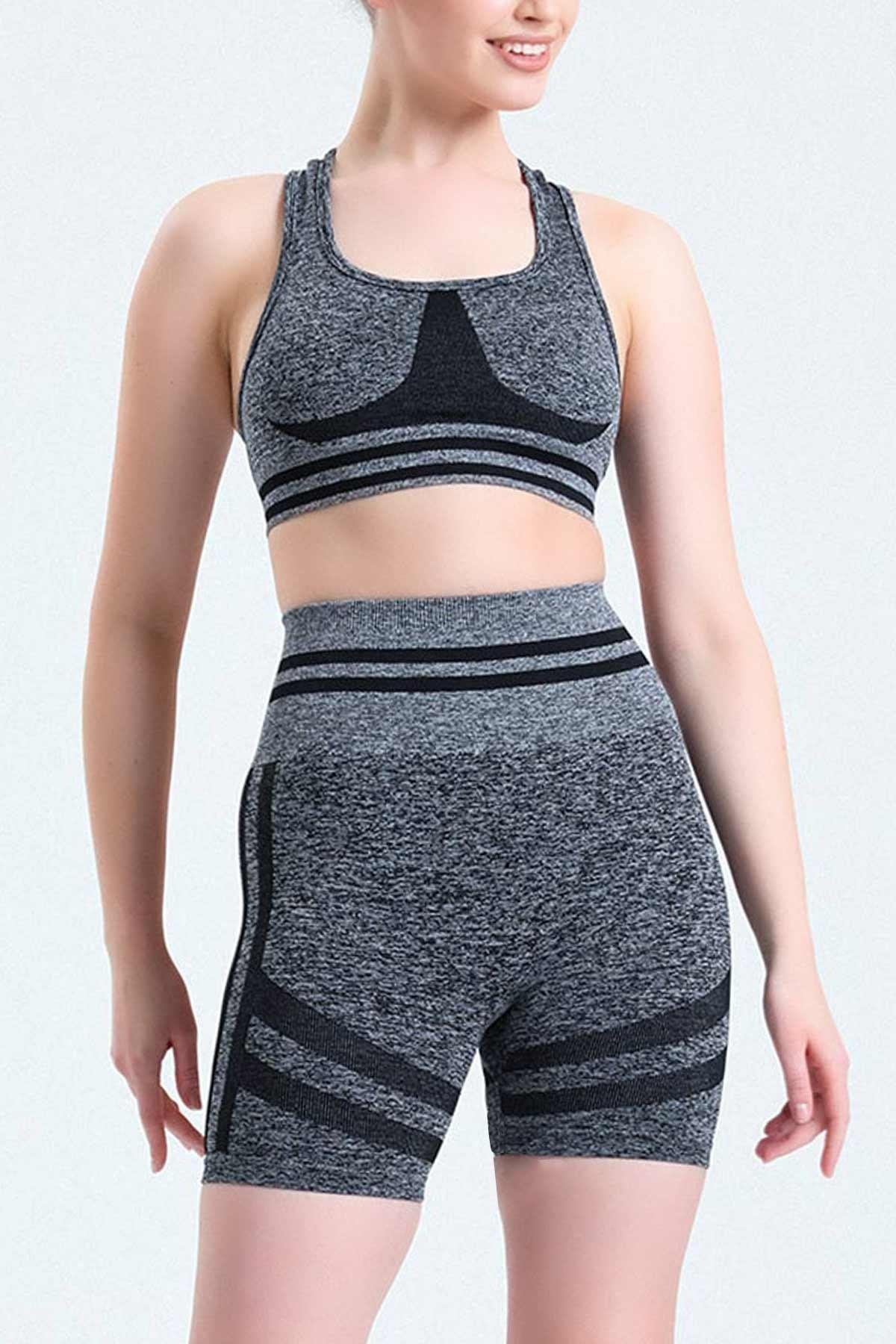 Mısırlı Kadın Kalça Toparlayıcı Çemberli Gri Bralet-Şort Tayt Takımı