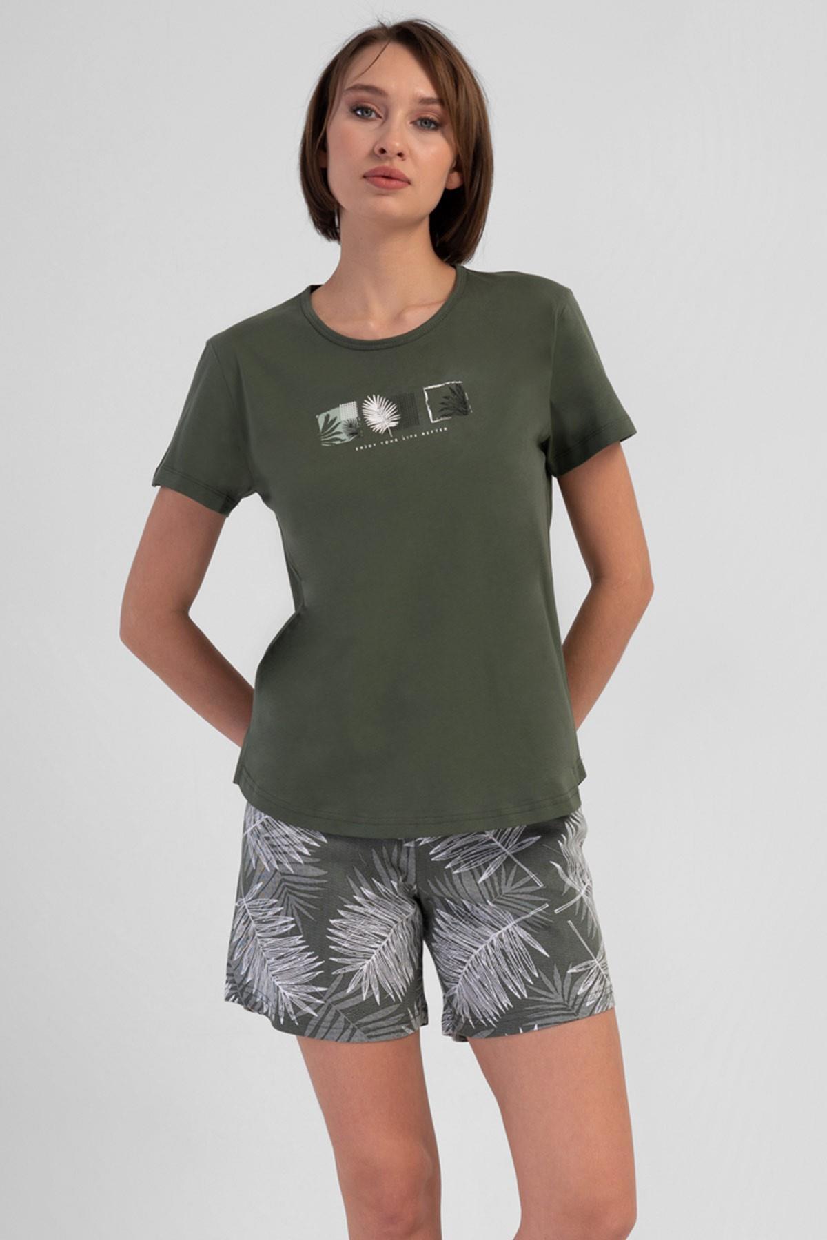 Mısırlı Kadın Pamuklu Koyu Yeşil Kısa Kol Şort Pijama Takımı