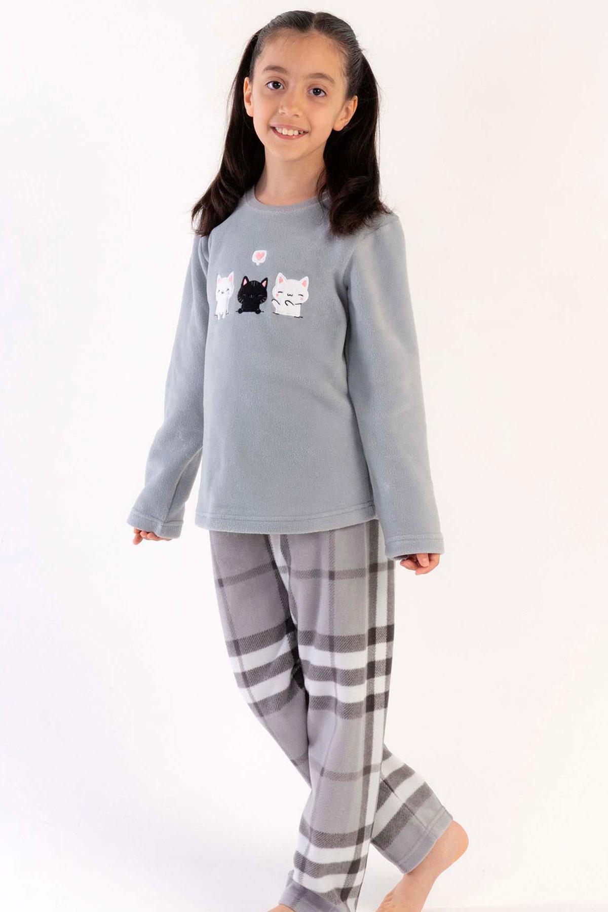 Mısırlı Kız Çocuk Polar Uzun Kollu Gri Pijama Takımı