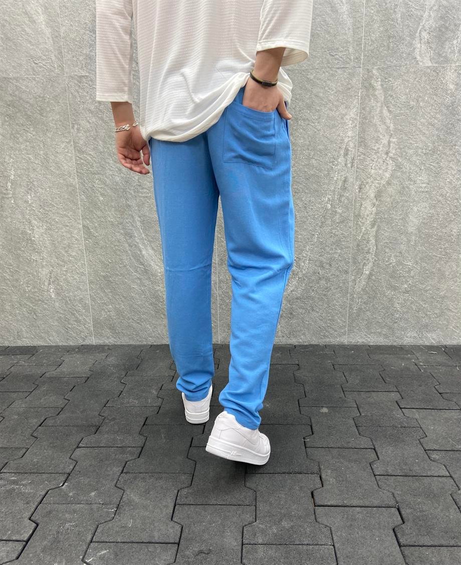 Rahat Kalıp Beli Lastikli Mavi Keten Pantolon FİLO20168 | Marjin Moda