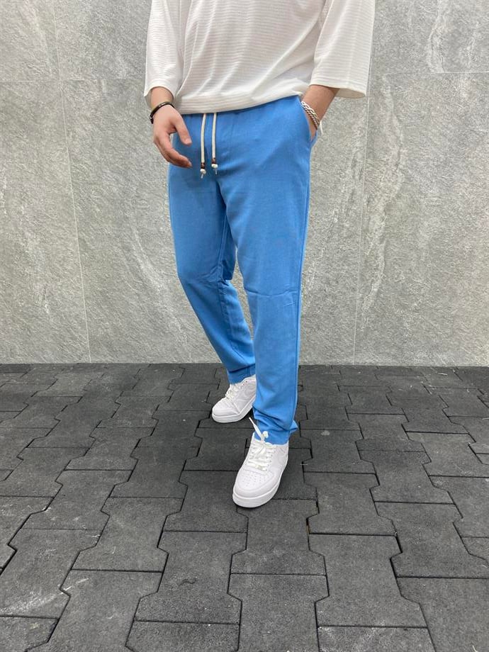 Rahat Kalıp Beli Lastikli Mavi Keten Pantolon FİLO20168 | Marjin Moda