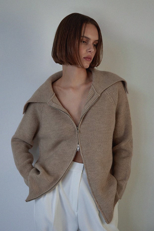 Beige Knit Cardigan With Double Zip | Suud Collection Beige Knit Cardigan With Double Zip | Suud Collection