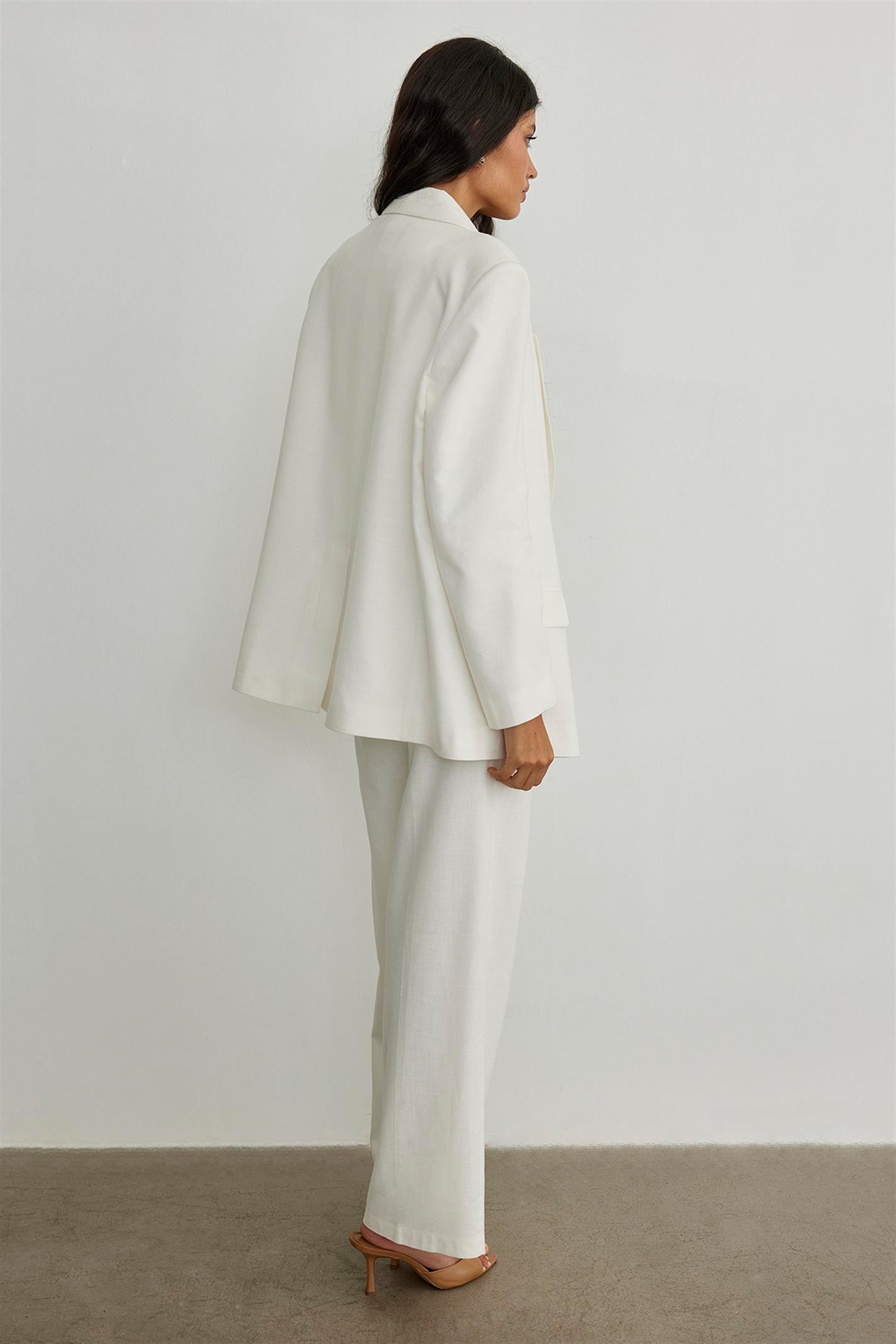 Beyaz Eze Kruvaze Keten Blazer Ceket | Suud Collection