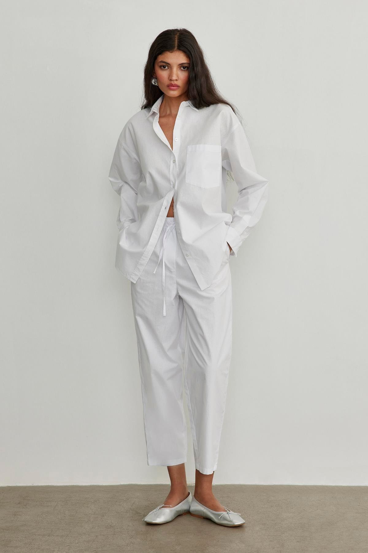 Beyaz Slouchy Fit Beli Lastikli Pantolon | Suud Collection