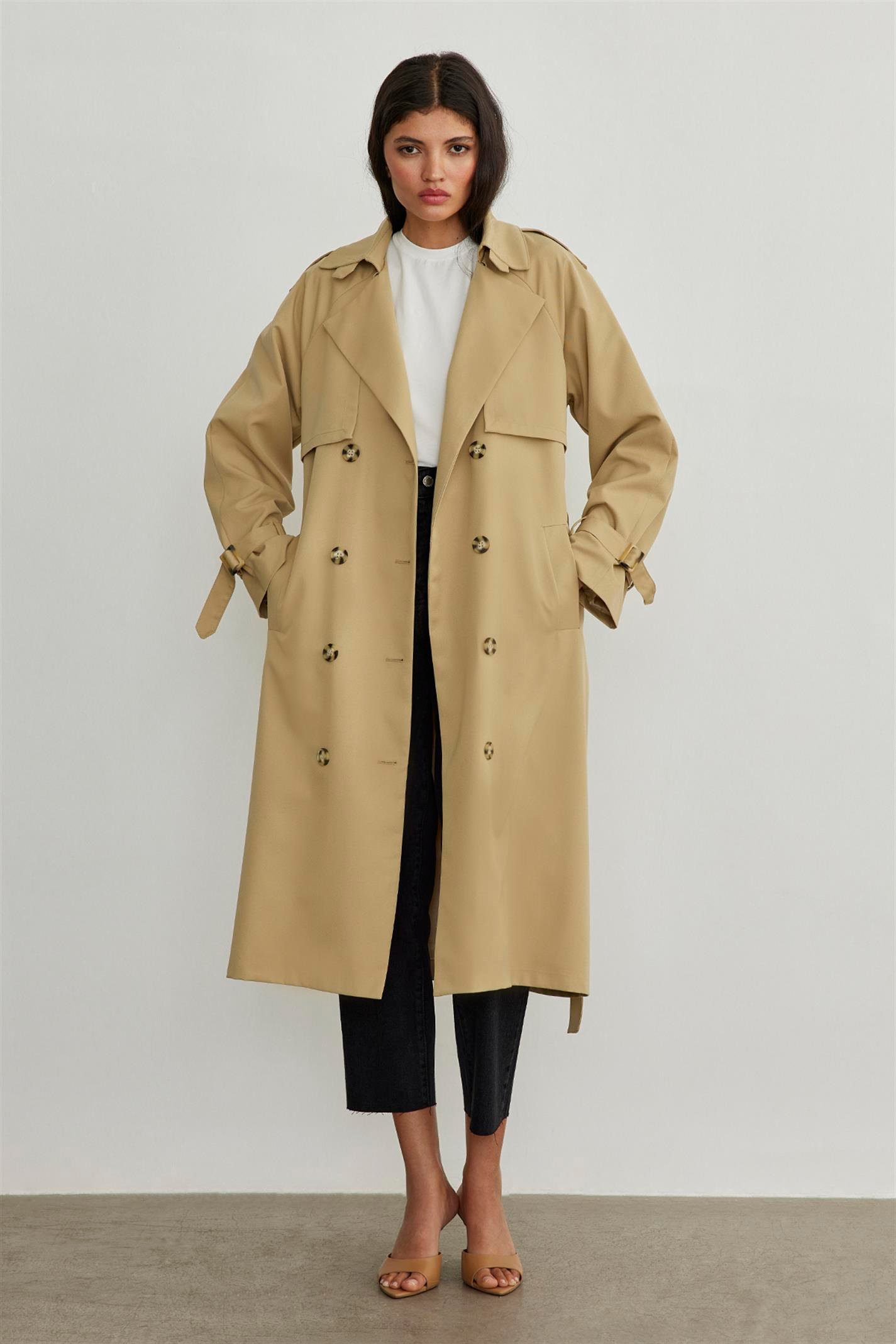 Camel Long Cotton Trench Coat | Suud Collection