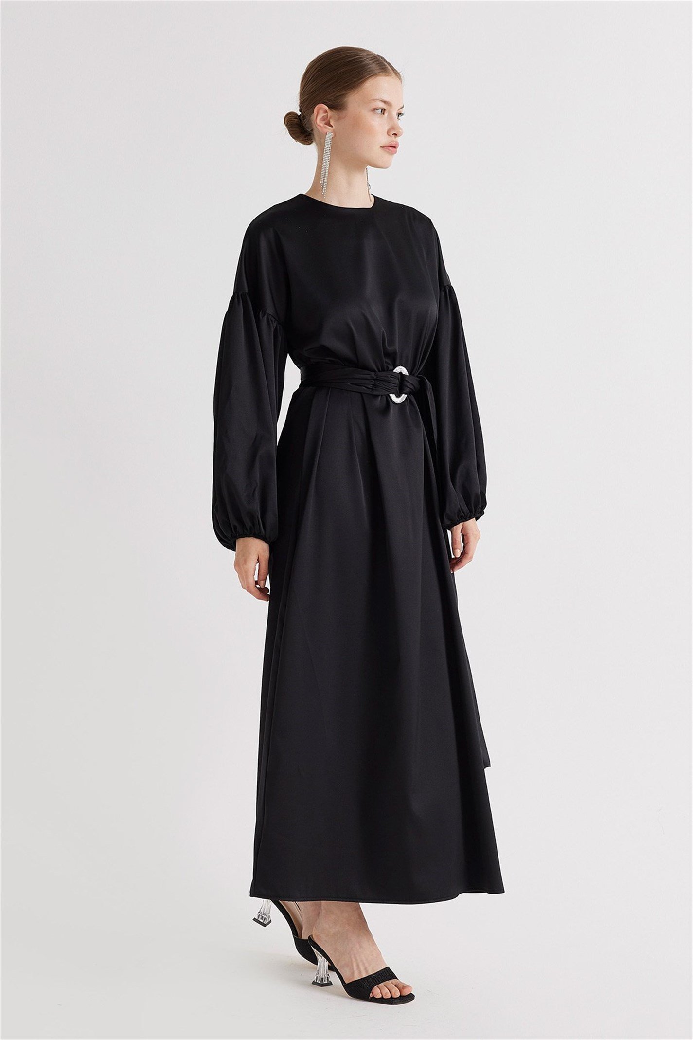 Siyah Lady Saten Büzgülü Elbise | Suud Collection