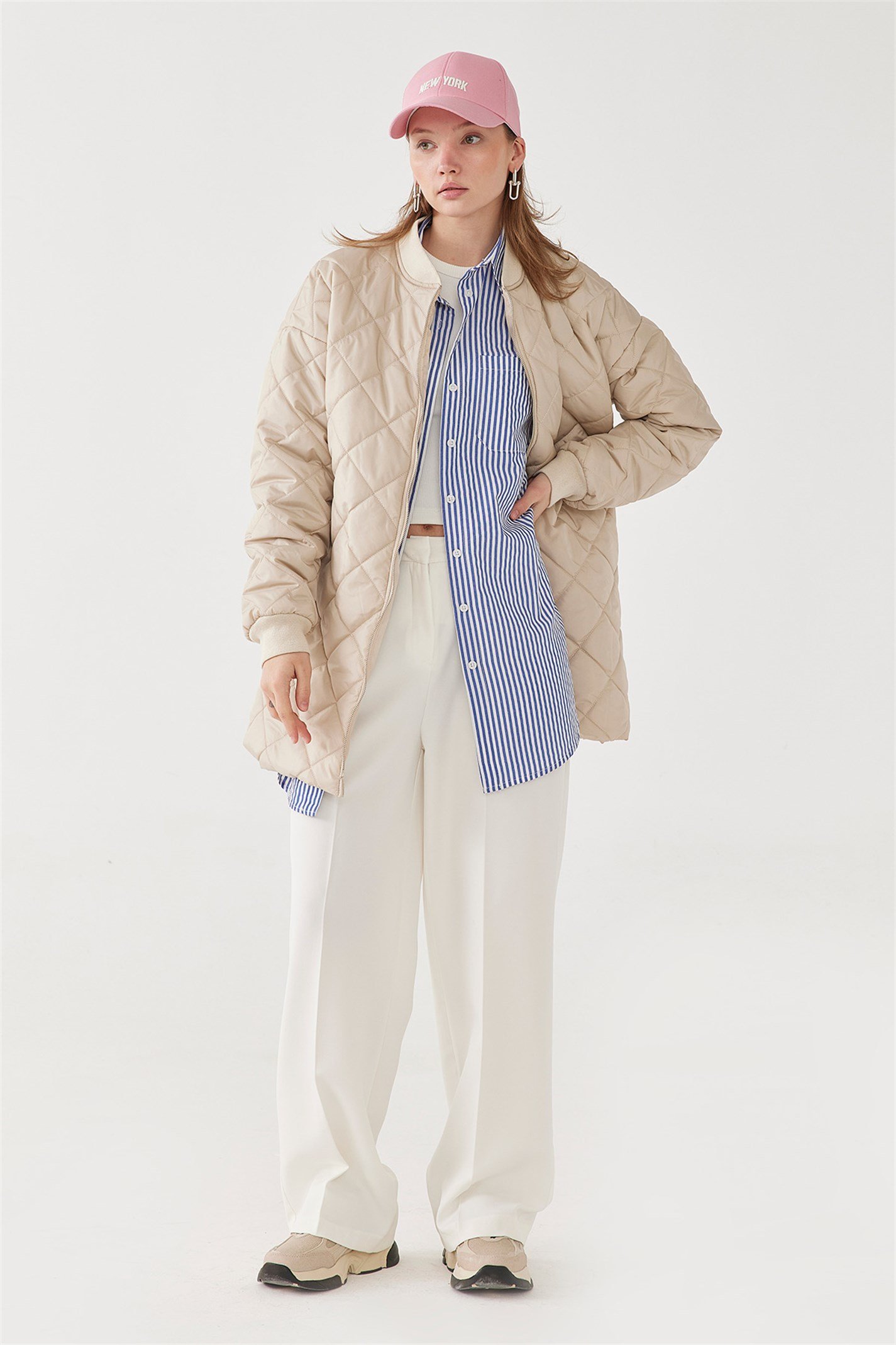 Beige Ribbed Bomber Jacket | Suud Collection
