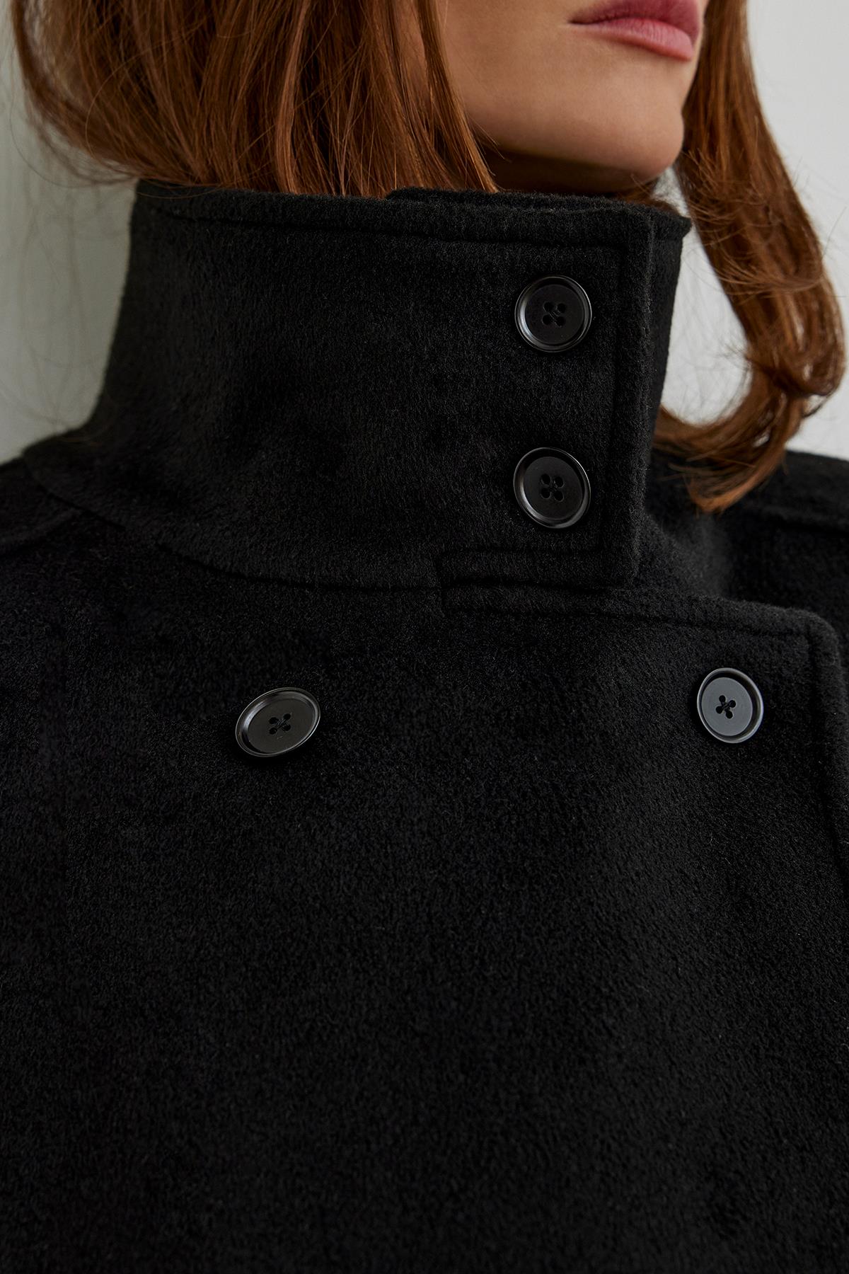 Black Ade High Neck Maxi Wool Coat | Suud Collection