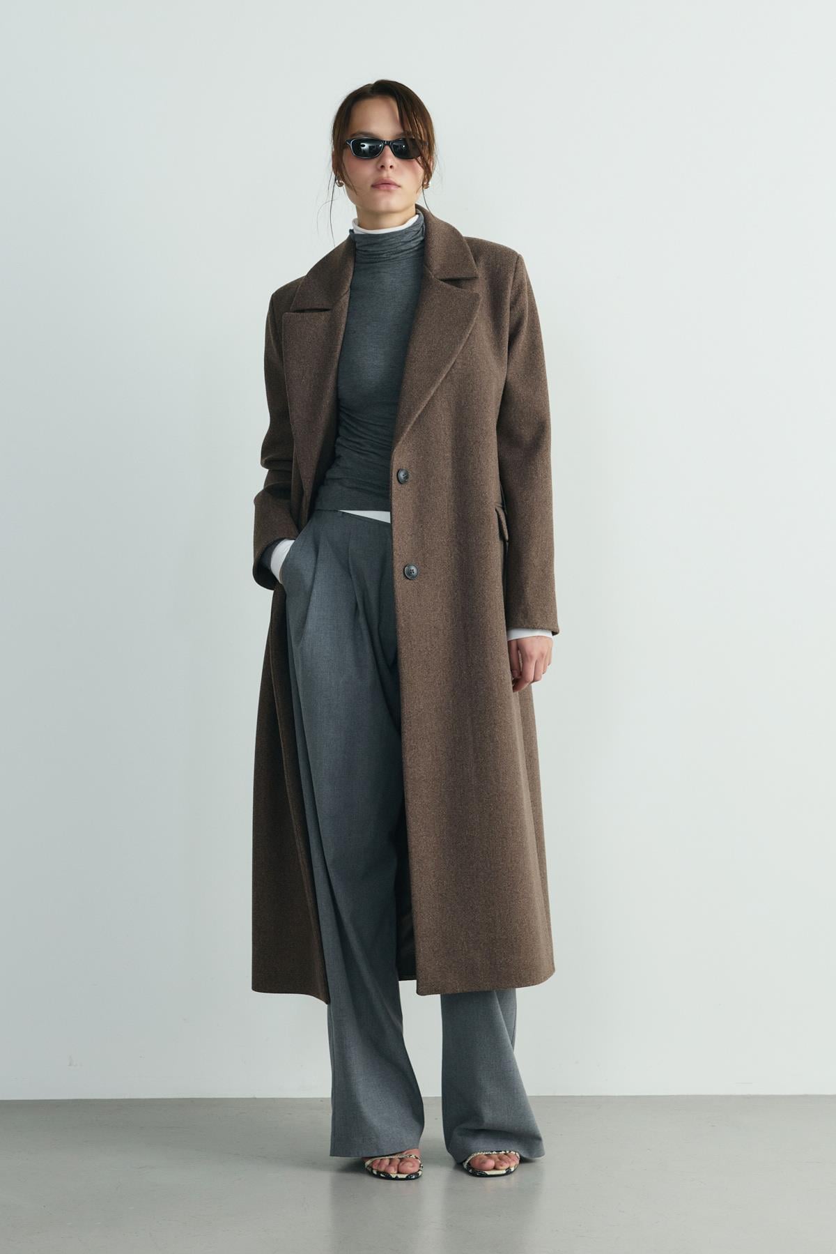 Light Brown Ari Double-Breasted Maxi Wool Coat | Suud Collection