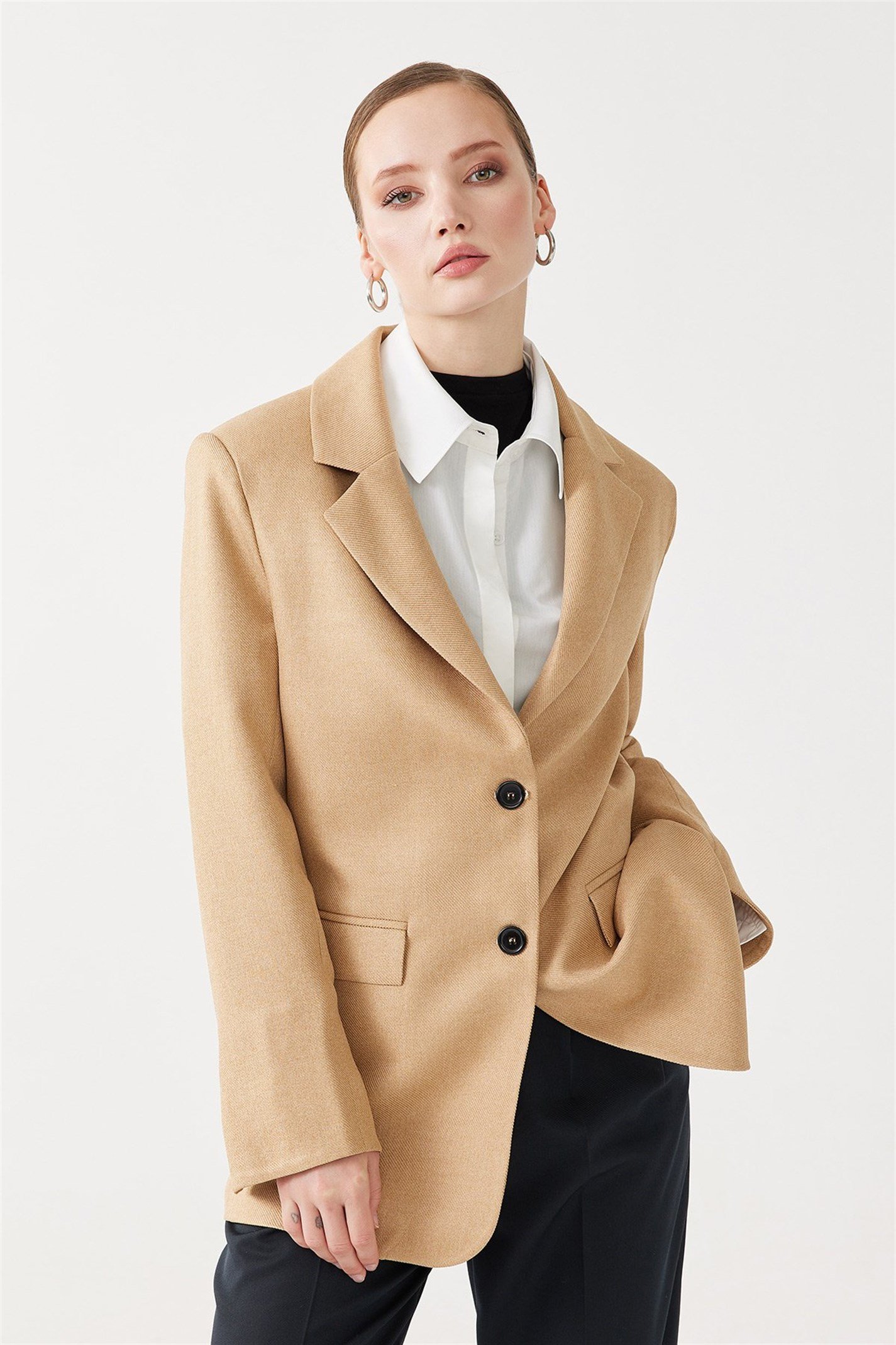 Beige Buttoned Textured Blazer Jacket | Suud Collection