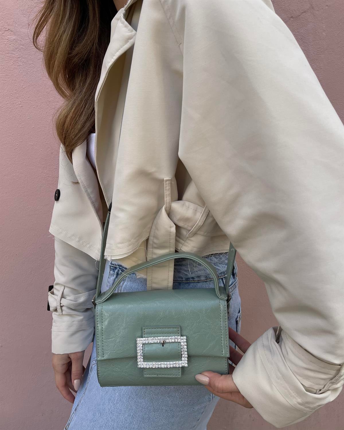 London Mini Çanta Kırışık Deri Su Yeşili