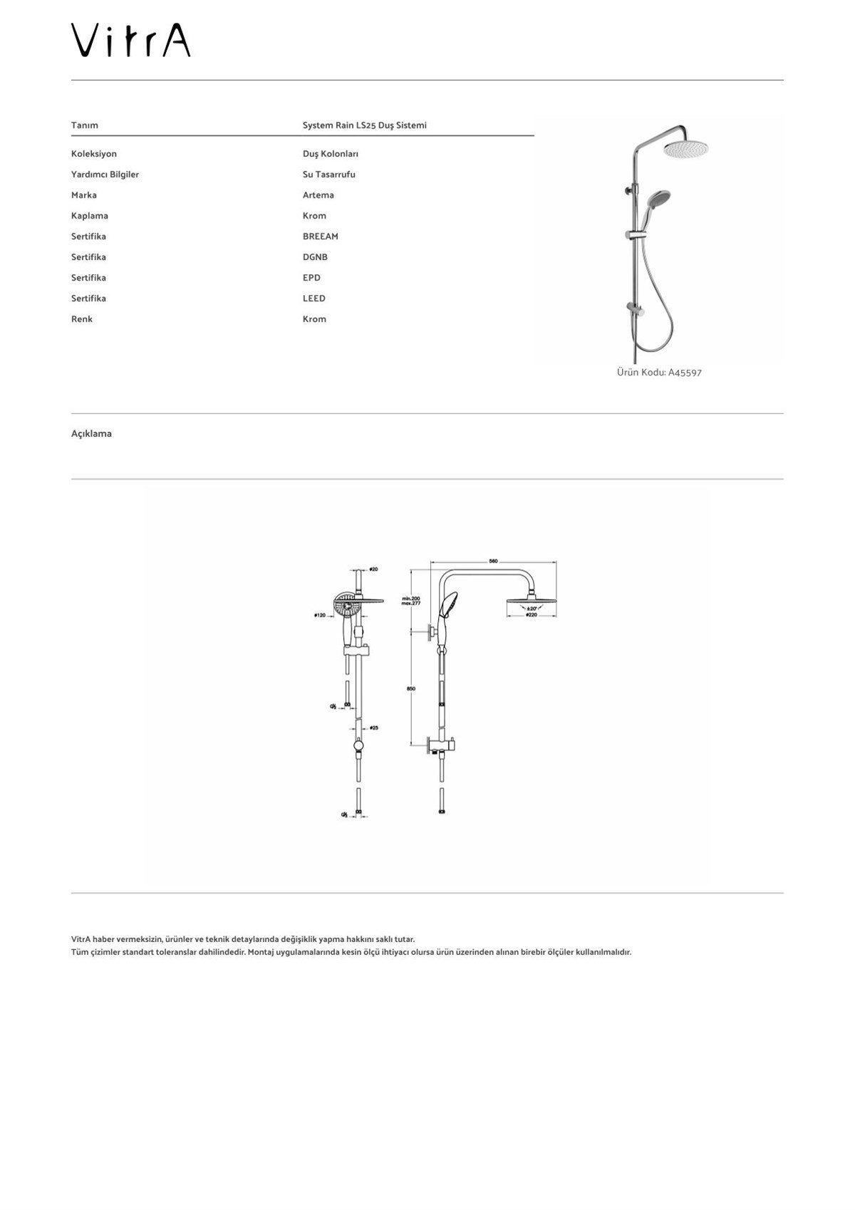 Artema A 45597 System Rain Ls25 Duş Kolonu Krom