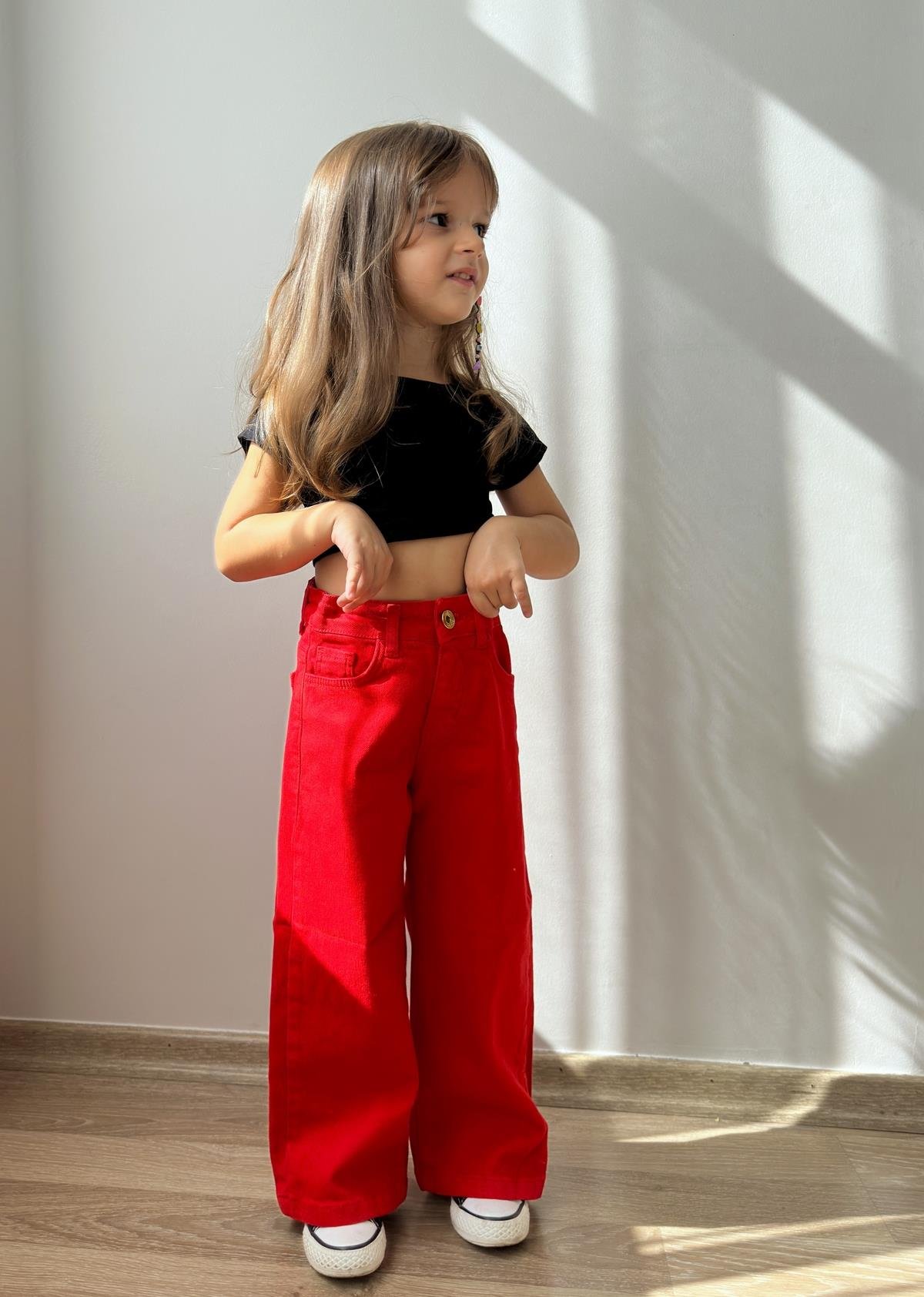 İspanyol Paça Kız Çocuk Kot Pantolon Kırmızı