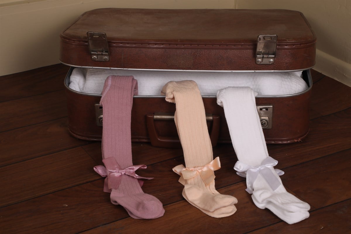 Kız Bebek ve Çocuk %100 Pamuklu Fiyonk Detay Külotlu Çorap 3'lü Beyaz  Yavruağzı Gülkurusu