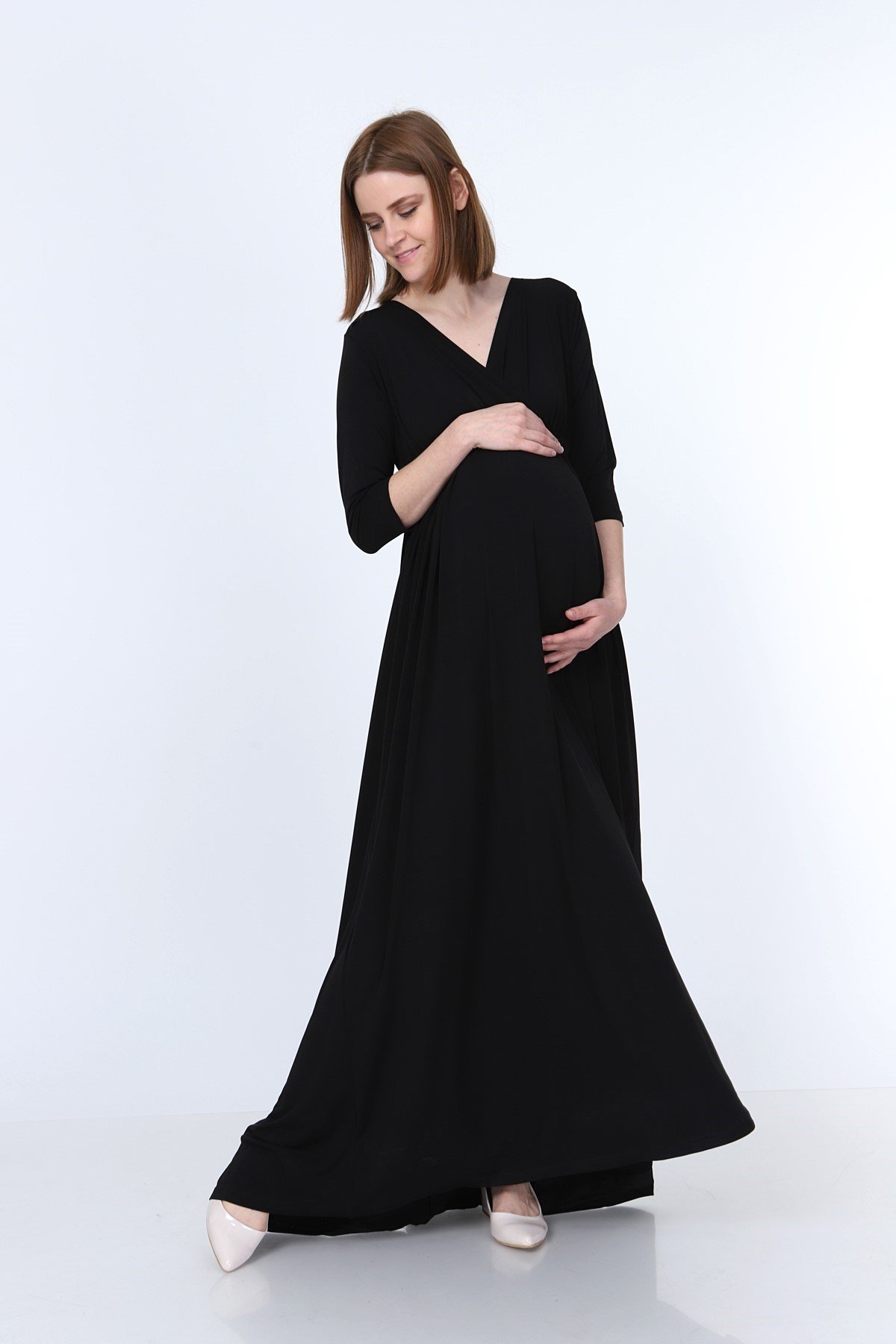 Luvmabelly PLNL5215 - Truvakar Kol Kruvaze Yaka Beli Büzgülü Uzun Siyah Hamile  Elbisesi
