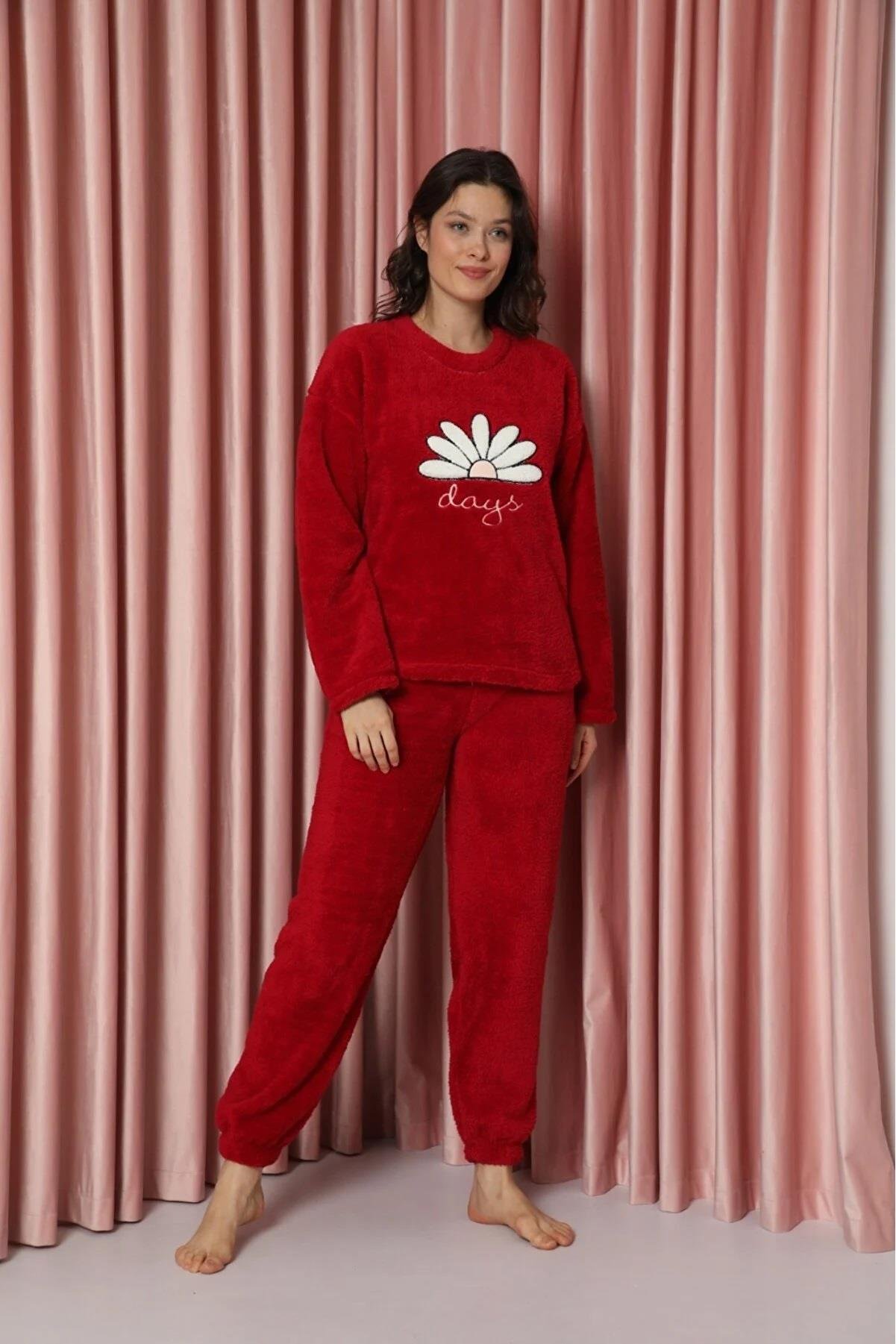 Kadın Sıfır Yaka Havlu Velsoft Pijama Takımı Peluşlu Kışlık | Dore Bella