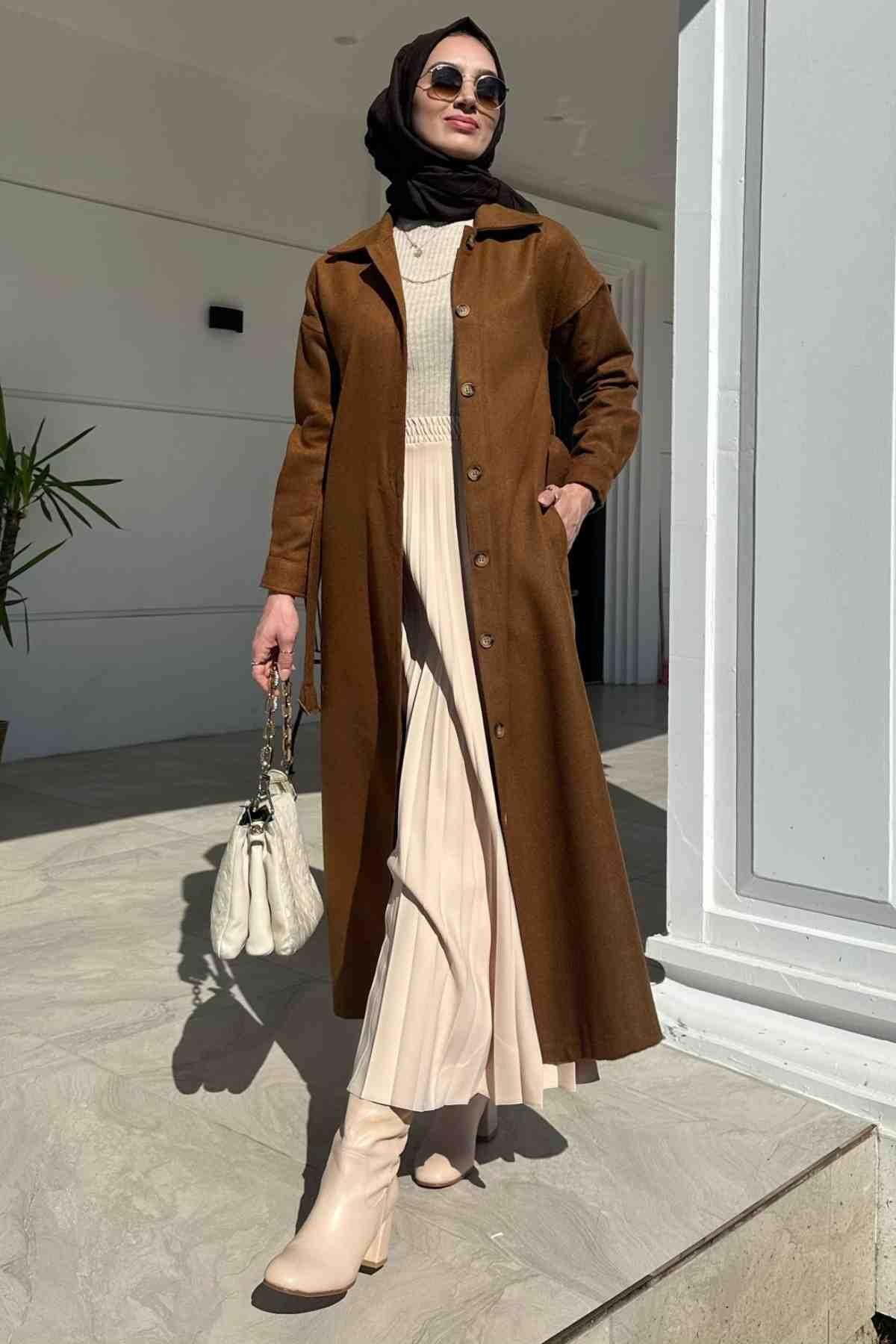 Asmin Kaşe Kaban Taba - Rabia Şamlı | Tesettür Giyim, Elbise ve Kadın Giyim  Modası