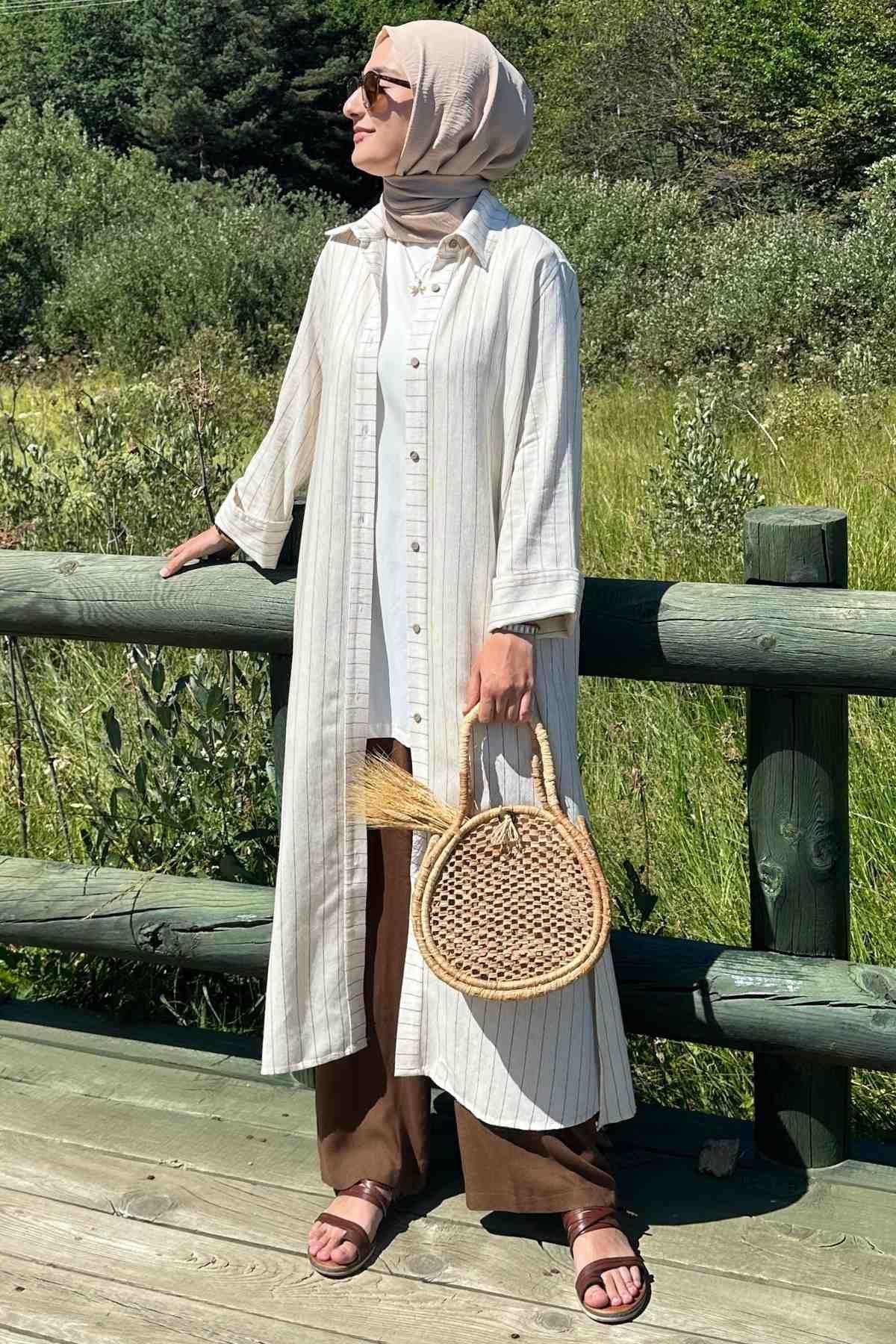 Kahve Çizgili Natural Kap - Rabia Şamlı | Tesettür Giyim, Elbise ve Kadın  Giyim Modası