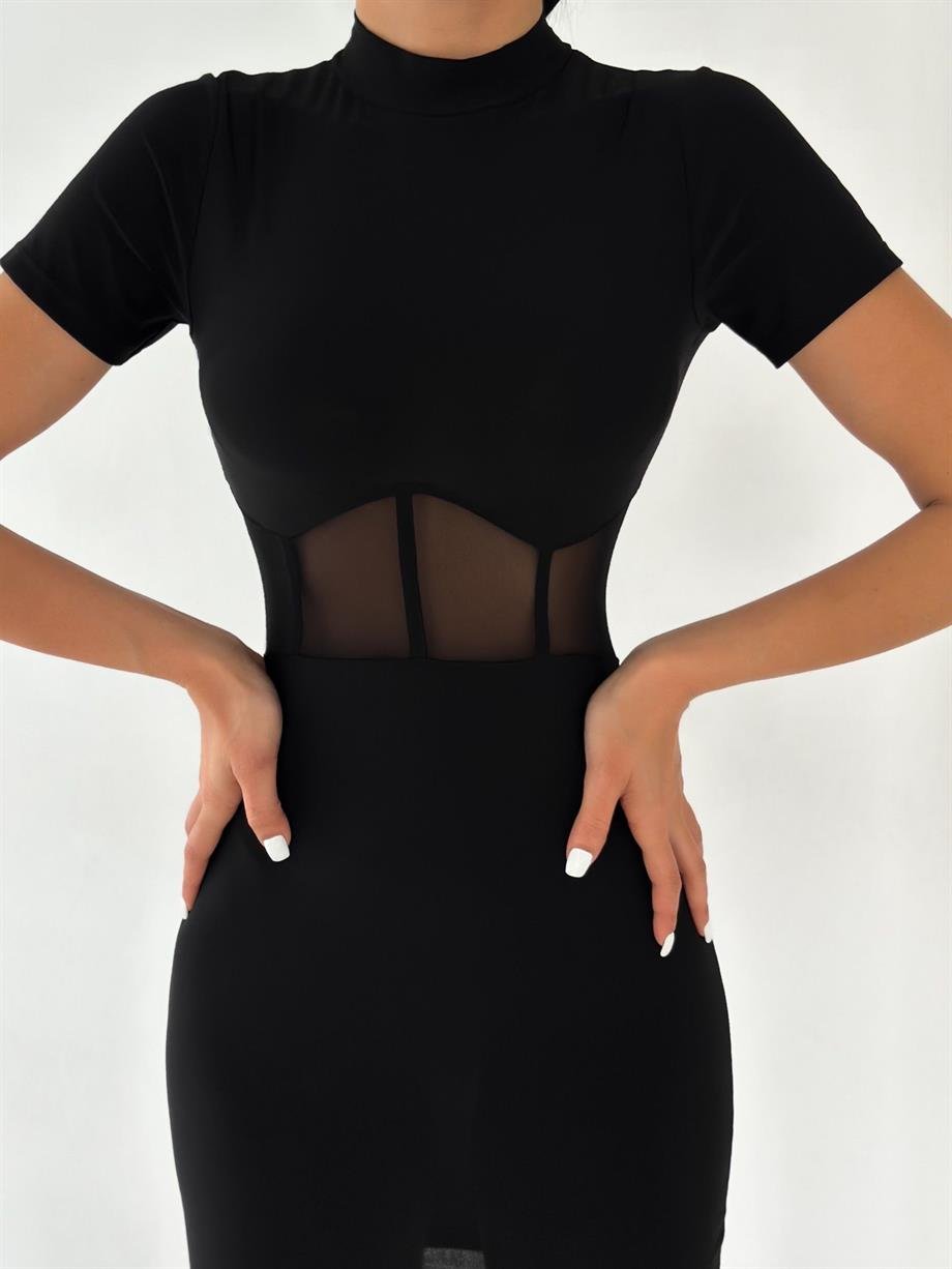 Kadın Kısa Kollu Beli Tül Detaylı Mini Sandy Elbise Siyah
