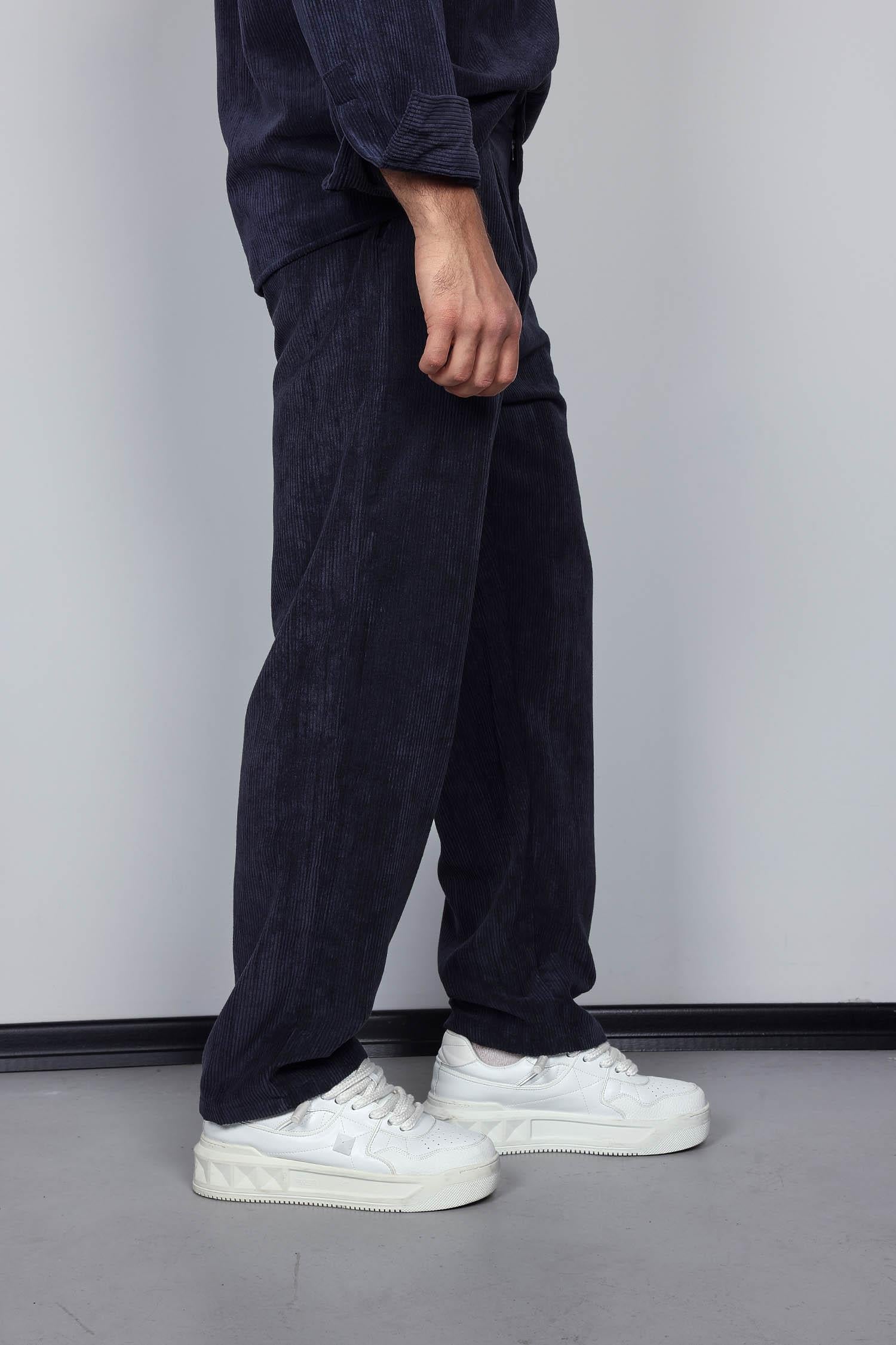 プチサイズアウトフィット Erkek Kadife Dokulu Baggy Fit Pantolon Lacivert