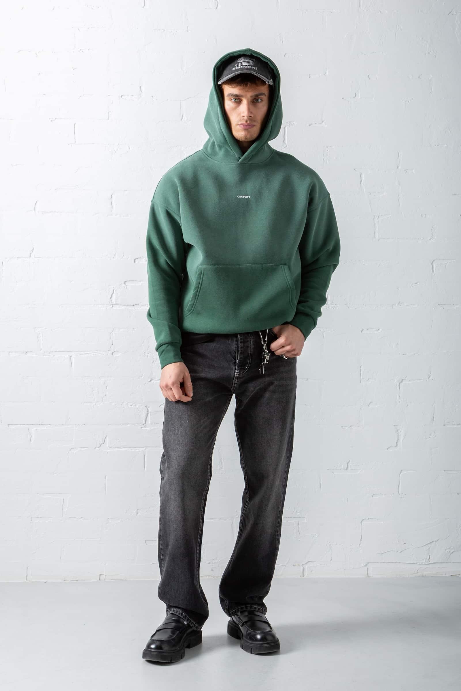 Erkek Oversize Baskılı Kapüşonlu Sweatshirt Yeşil