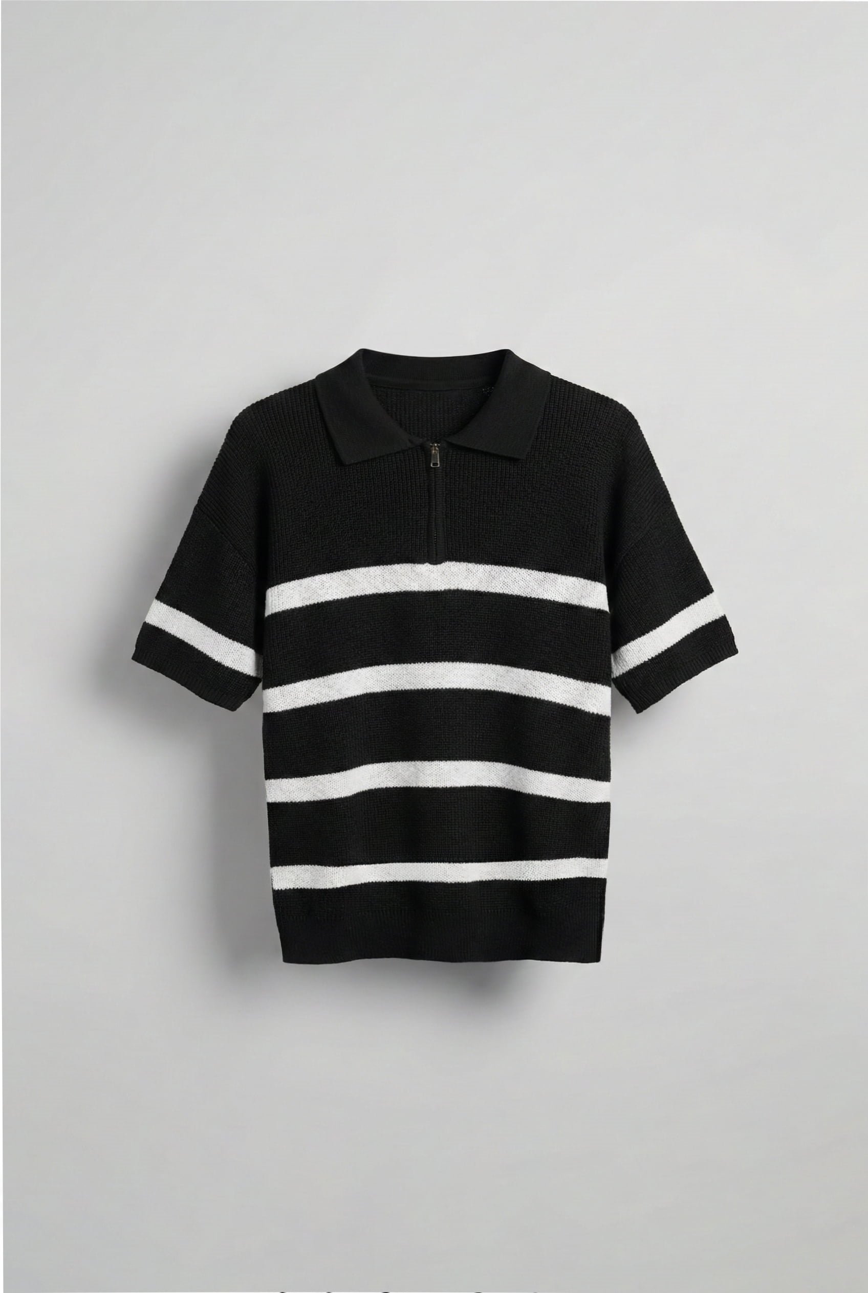 Polo Çizgili Oversize Fermuarlı T-Shirt Siyah