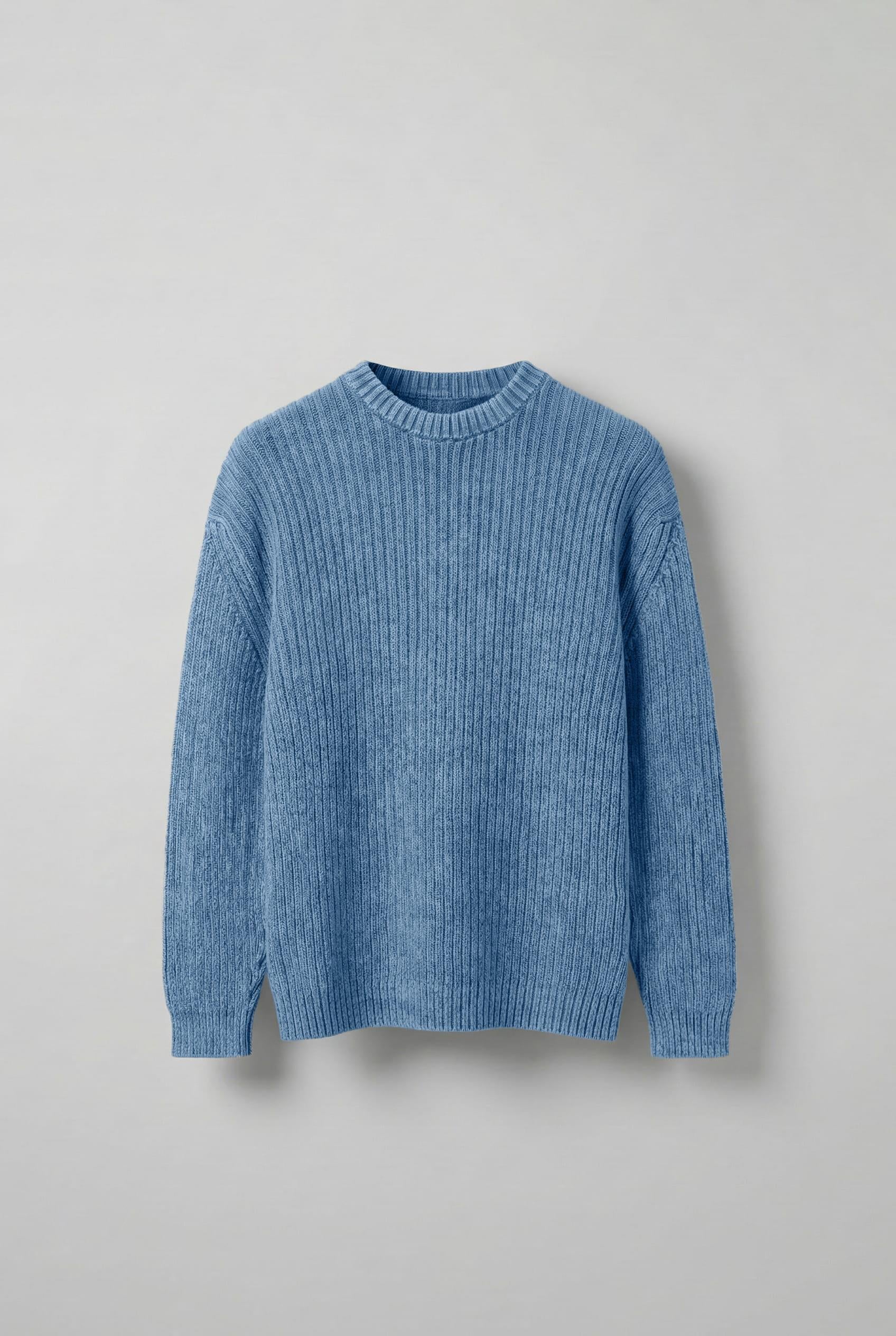 Erkek Mavi Oversize Yıkamalı Efektli Basic Kazak | Oversize Kazak