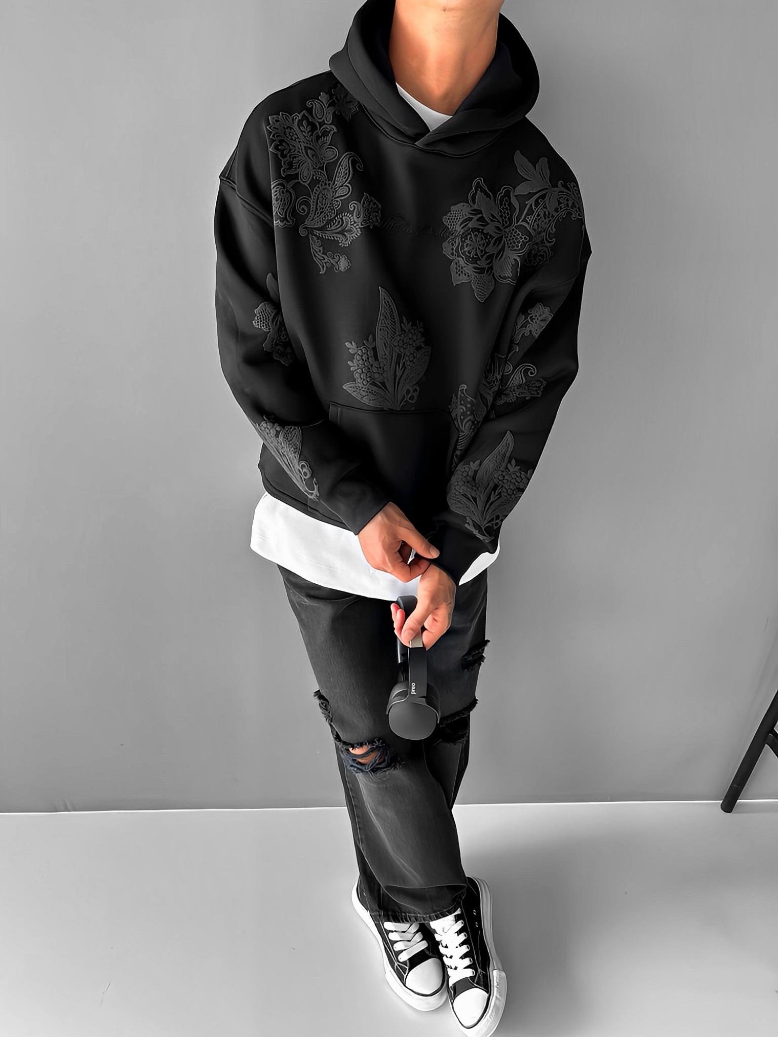 Erkek Rahat Kal p al Desenli ardonlu Kapu onlu Cepli Sweatshirt Hoodie Siyah