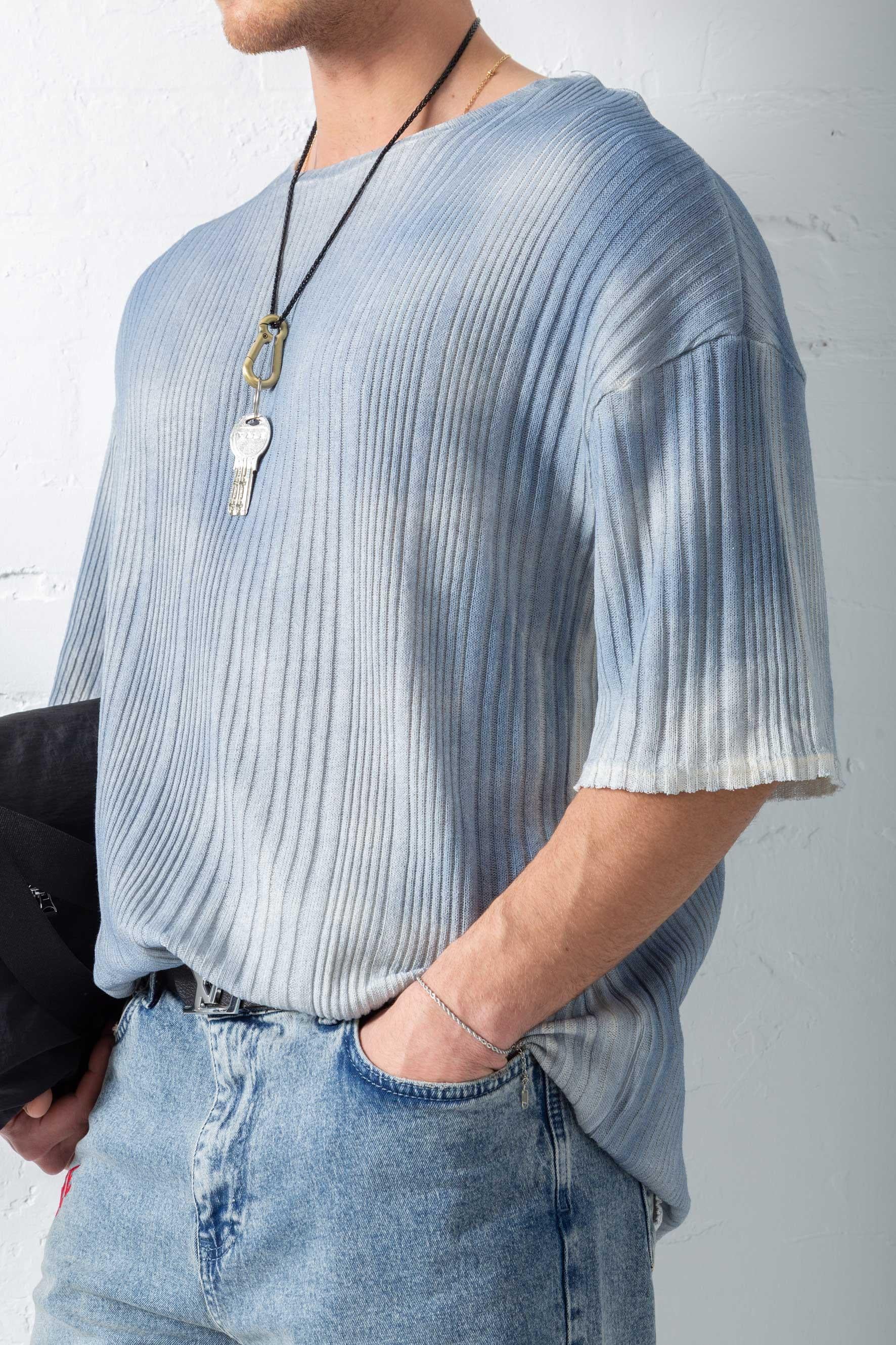 Erkek Desenli Süper Oversize Model Triko T-Shirt Mavi