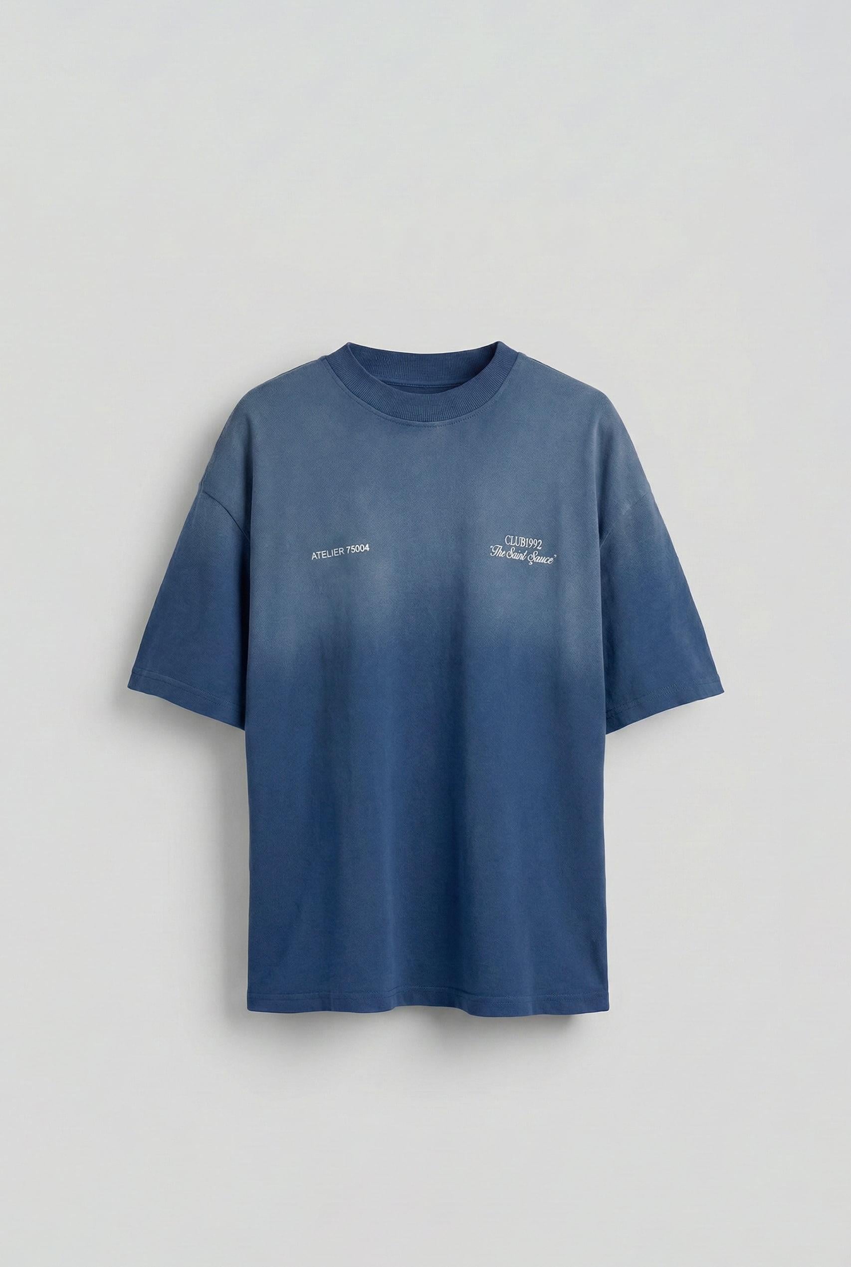Erkek Renk Geçişli Baskılı Oversize Yıkamalı T-Shirt Koyu Mavi