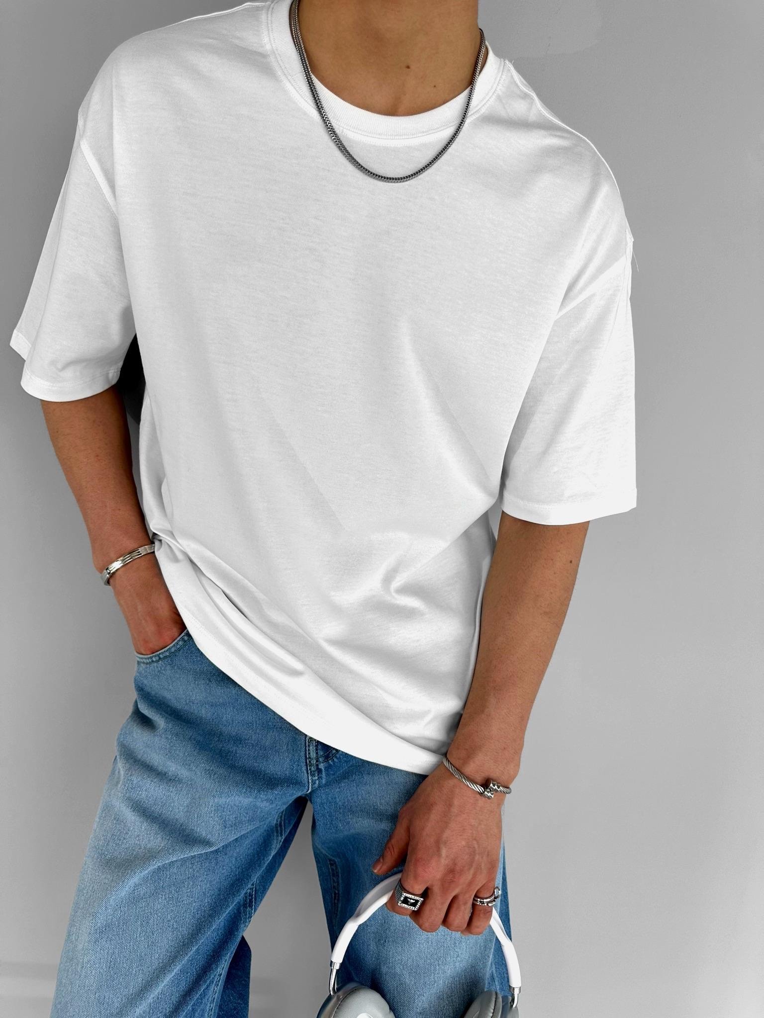 Erkek Oversize Basic T-Shirt Beyaz