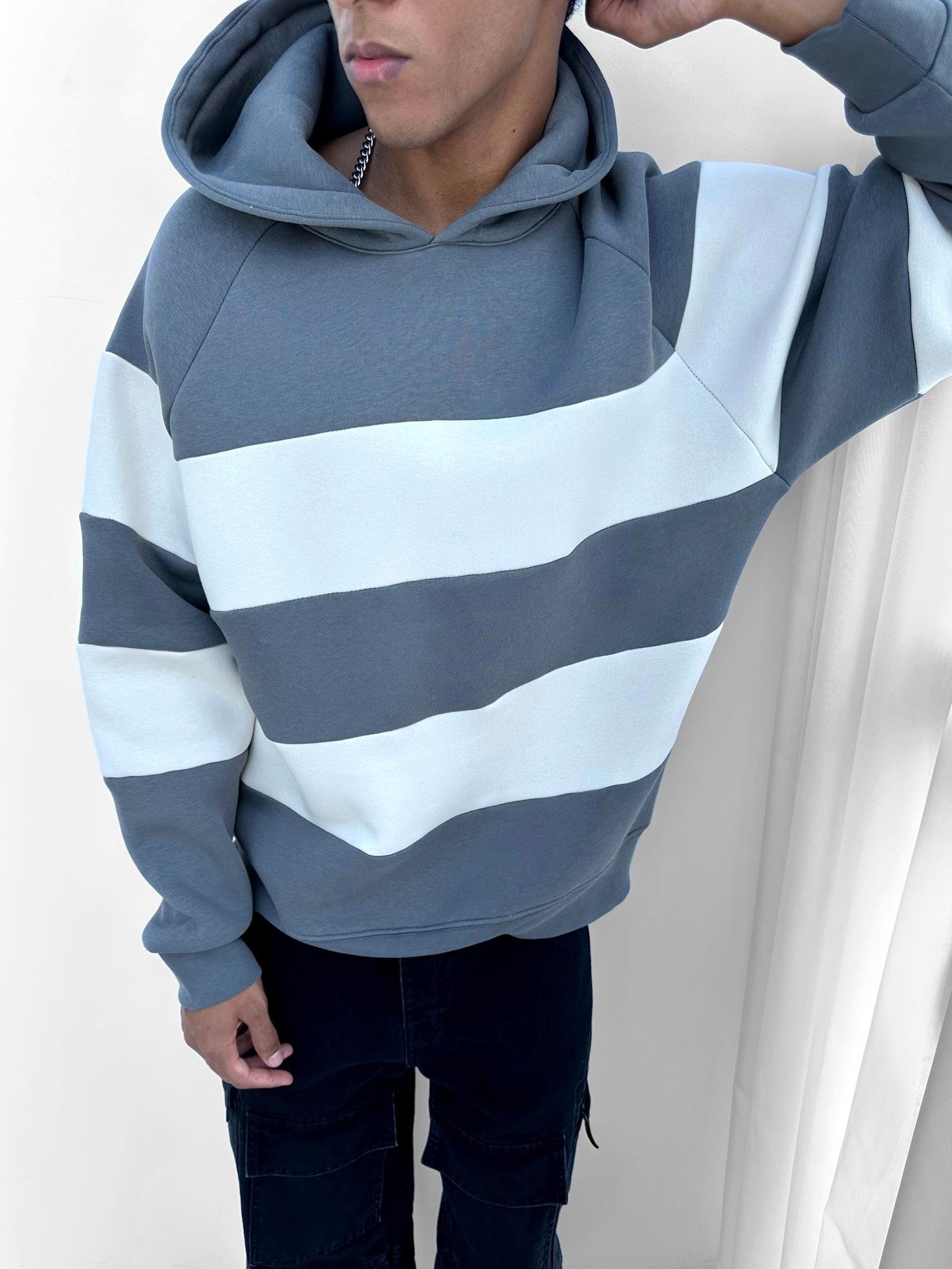 Erkek Oversize Çizgili Kapüşonlu Sweatshirt Füme