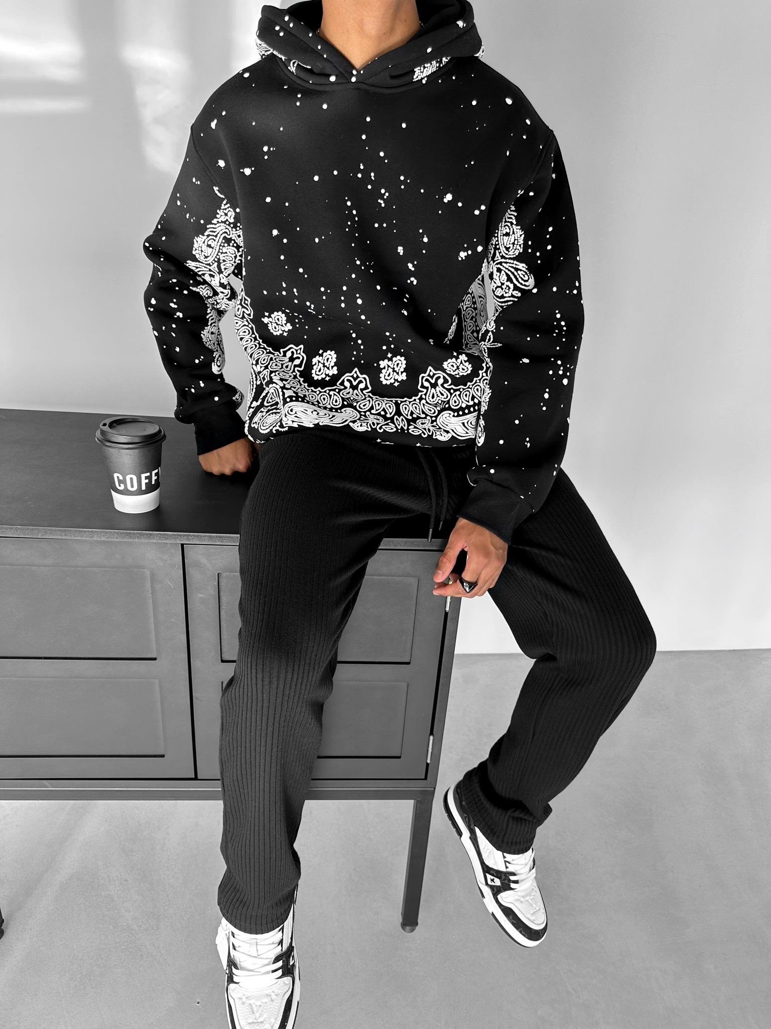 Erkek Oversize Desenli Kapüşonlu Sweatshirt Siyah