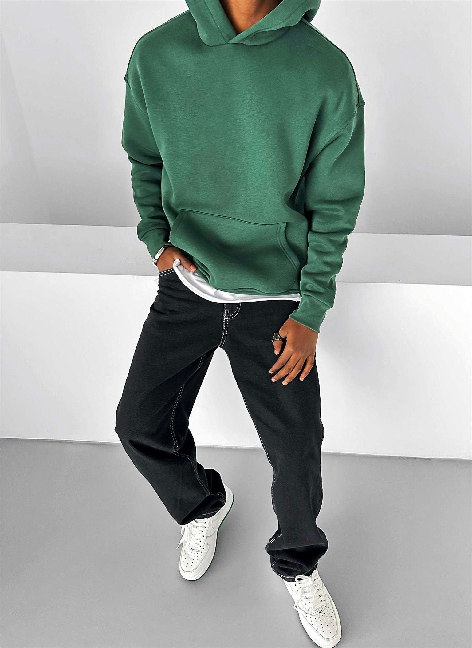 Erkek Oversize Kapüşonlu Sweatshirt Koyu Yeşil