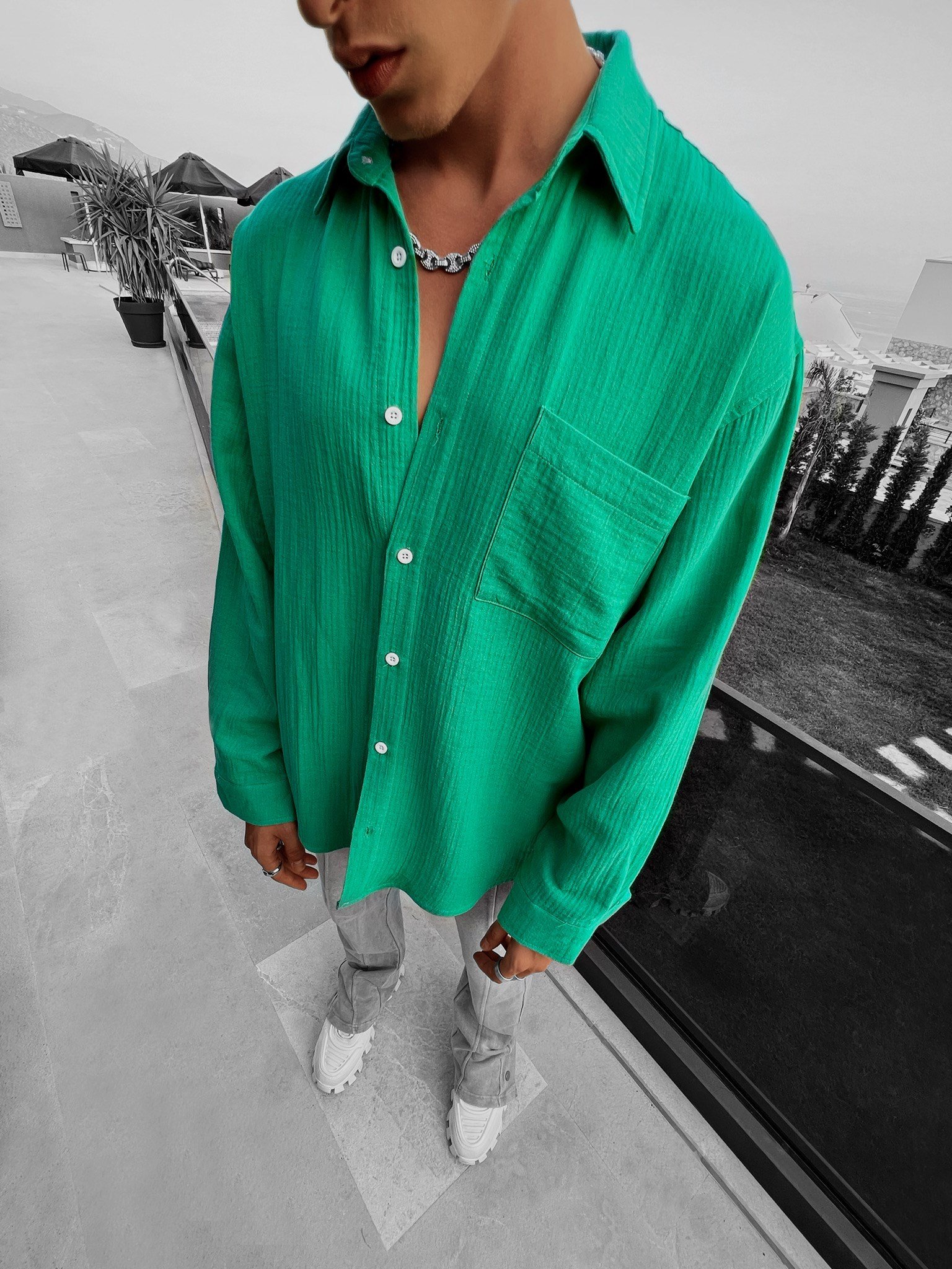 Erkek Oversize Keten Gömlek Yeşil