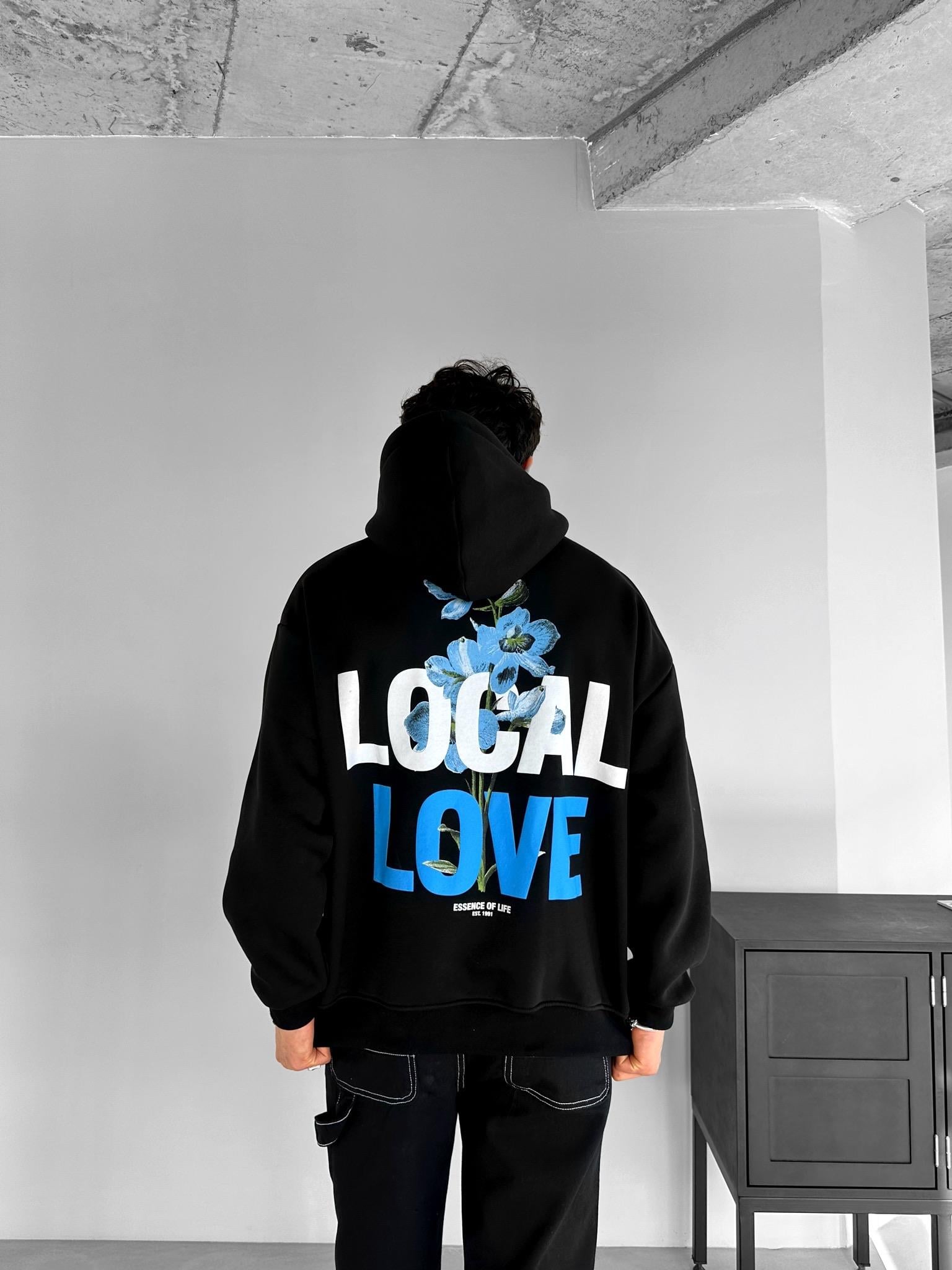 Erkek Oversize Local Love Baskılı Kapüşonlu Sweatshirt Siyah
