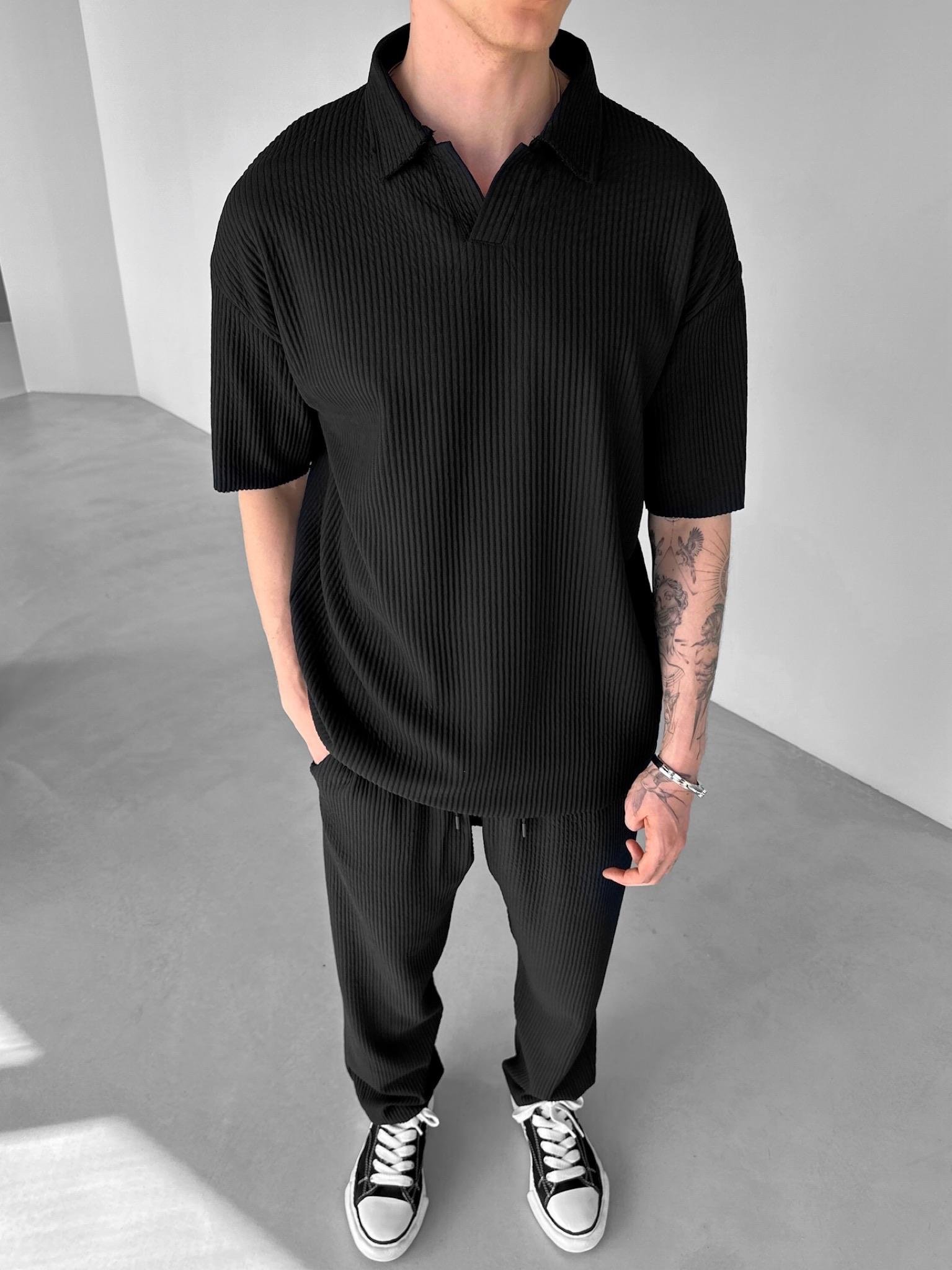 Erkek Oversize Polo Yaka Basic Fitilli T Shirt Siyah