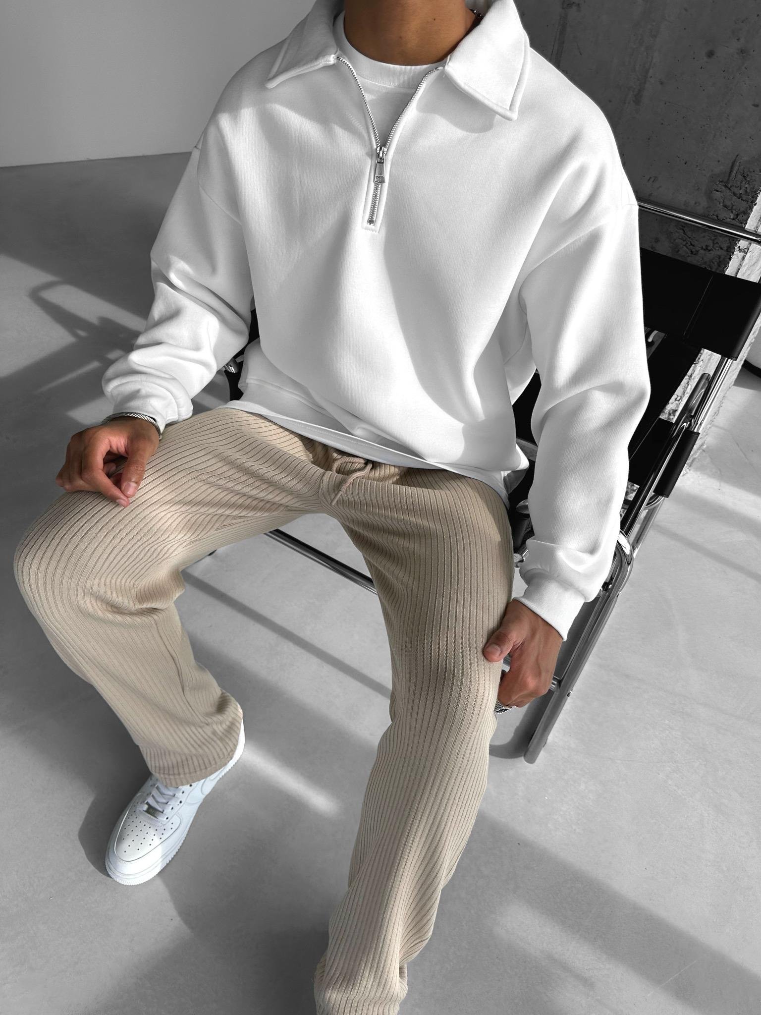 Erkek Oversize Polo Yaka Yarım Fermuarlı Sweatshirt Beyaz
