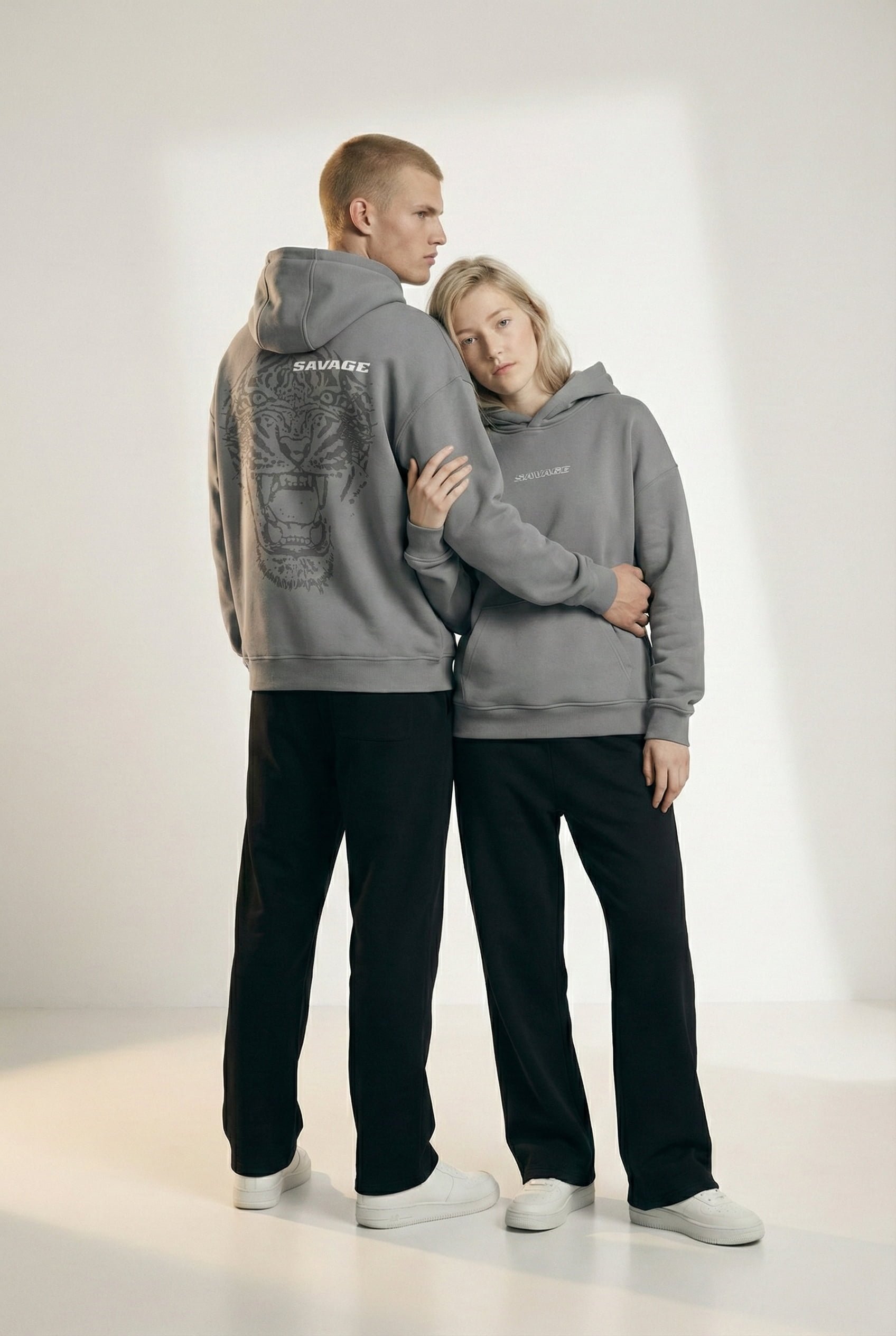 Unisex Oversize Grafik Baskılı Kalın Kapüşonlu Sweatshirt Gri | ABLUKA