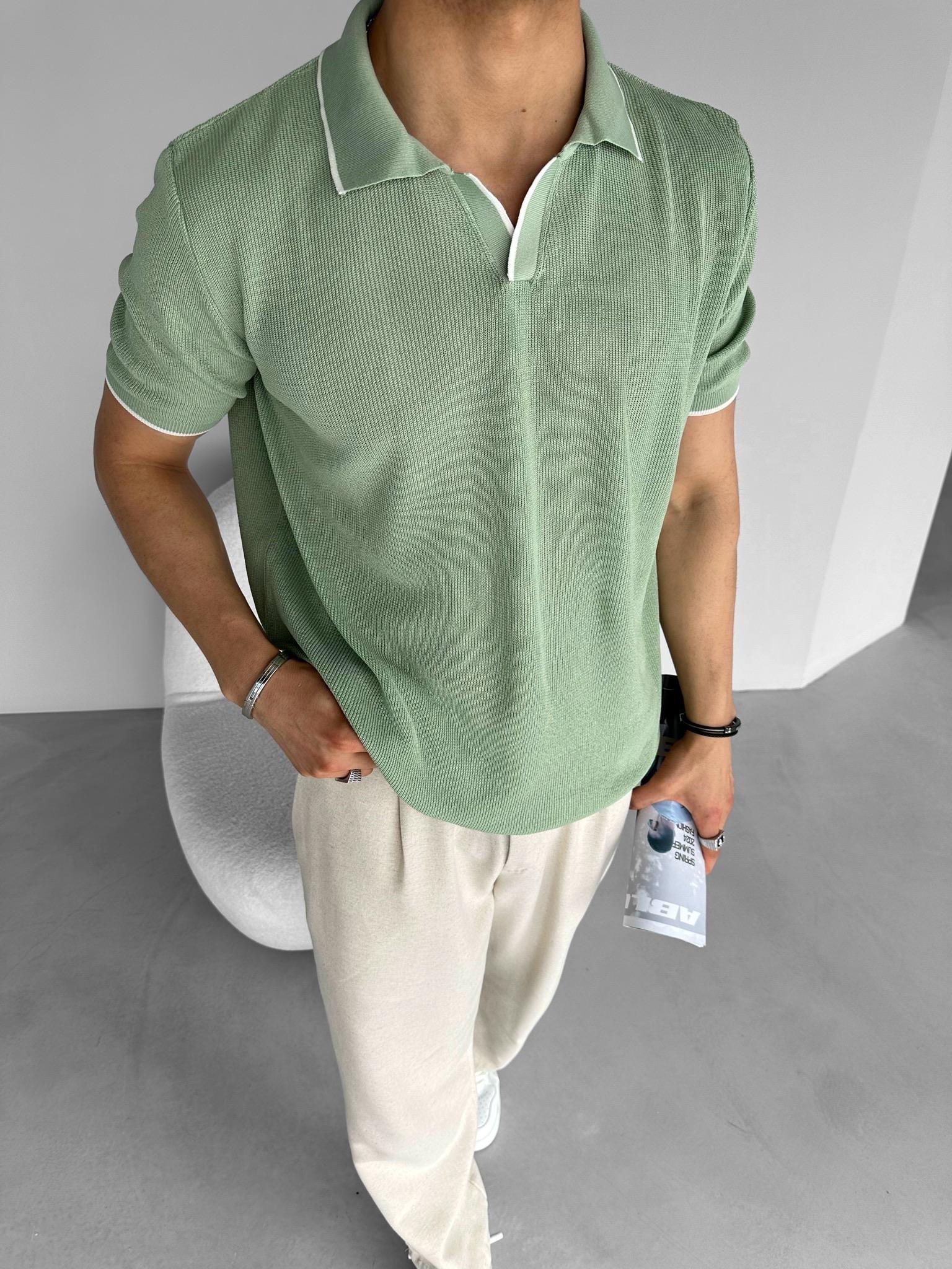 Erkek Yarım Pat Gömlek Yaka Triko T-Shirt Yeşil