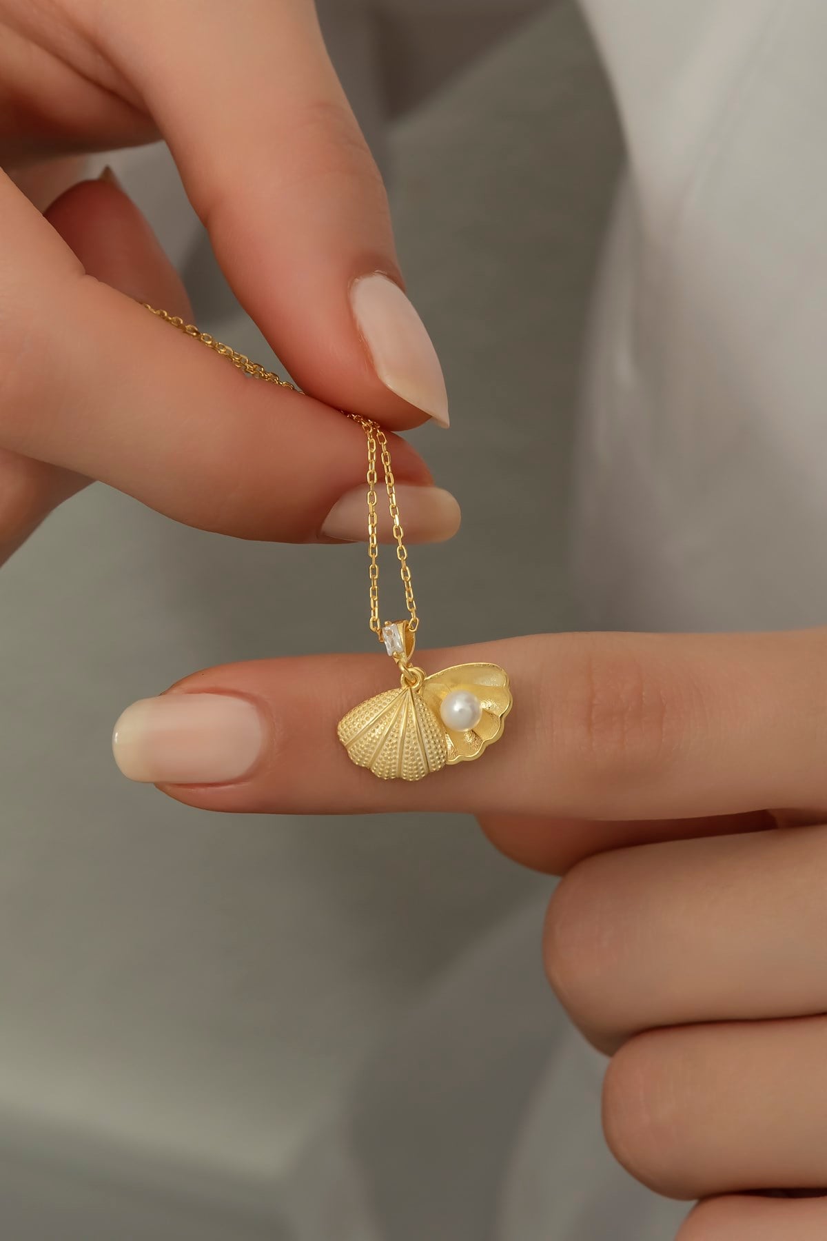 925 Ayar Gümüş Gold İncili İstiridye Kolye