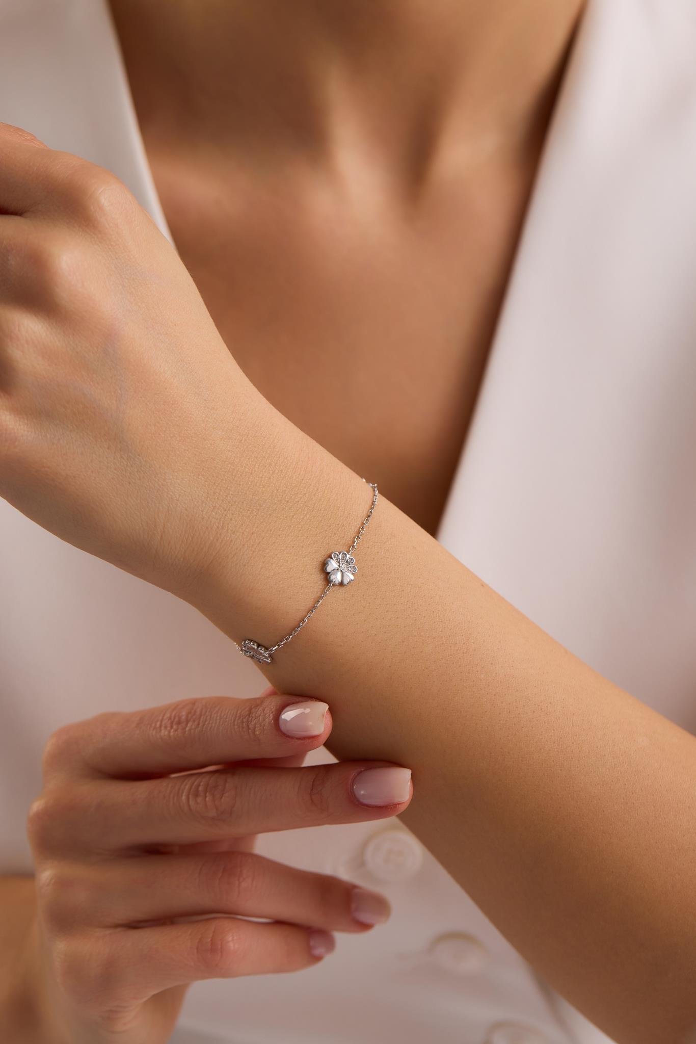 925 Ayar Gümüş Rodyum Kaplama 3'Lü Minimal Kırçiçeği Bileklik