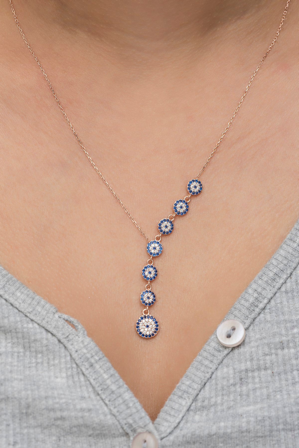 925 Ayar Gümüş Rose Sıralı Nazar Bocuğu Kolye