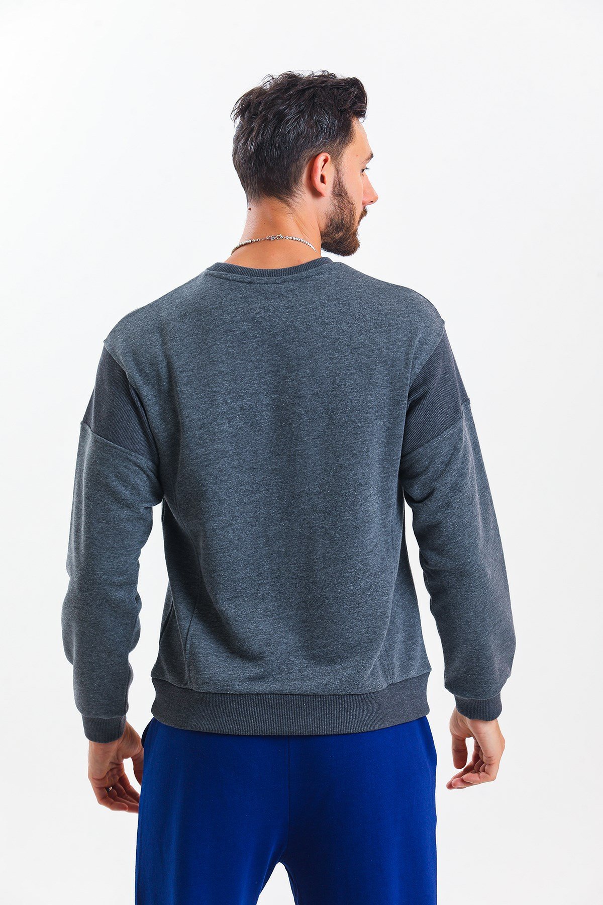 Antrasit Melanj Parçalı Kaşkorse Detaylı Bisiklet Yaka Sweatshirt