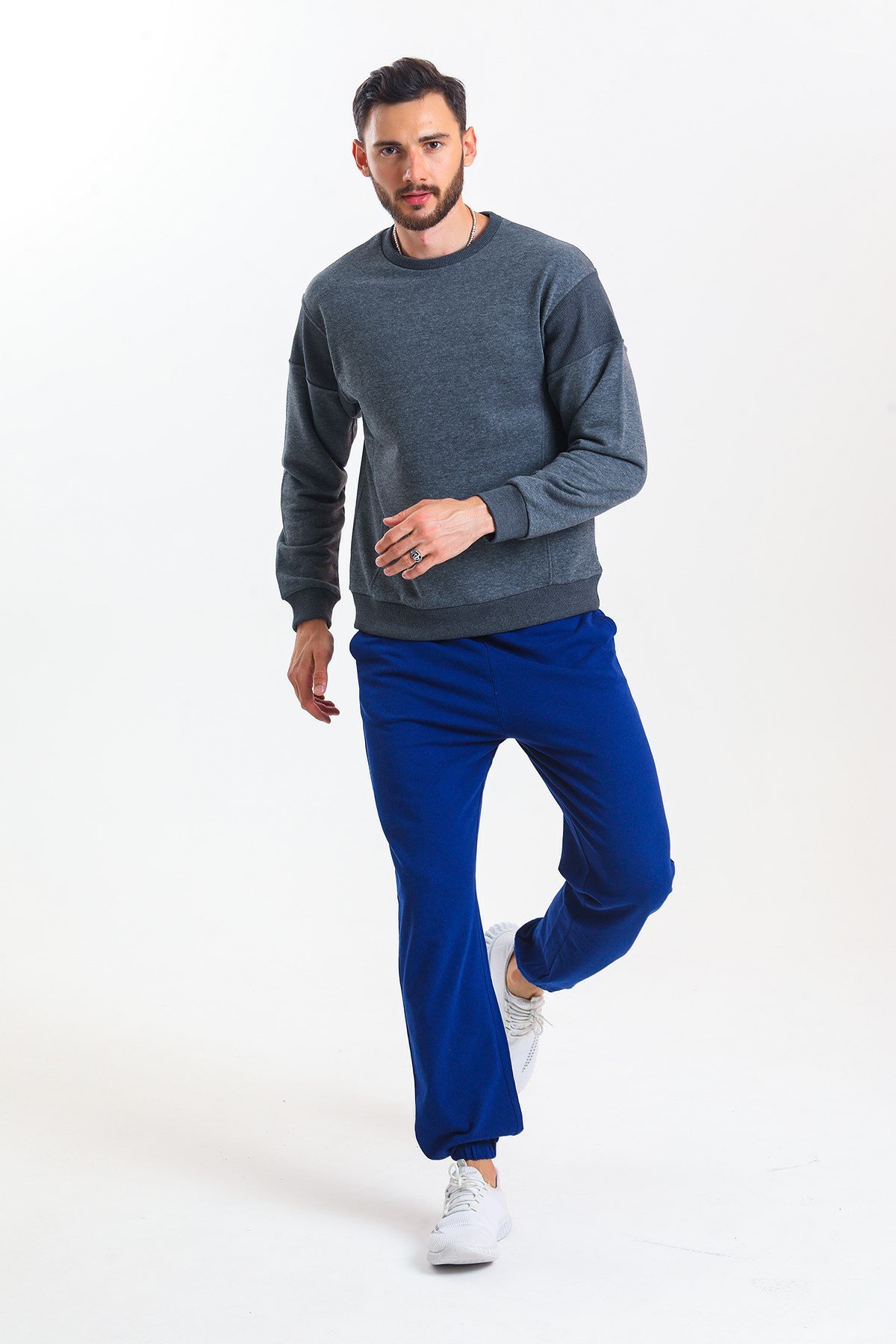 Antrasit Melanj Parçalı Kaşkorse Detaylı Bisiklet Yaka Sweatshirt