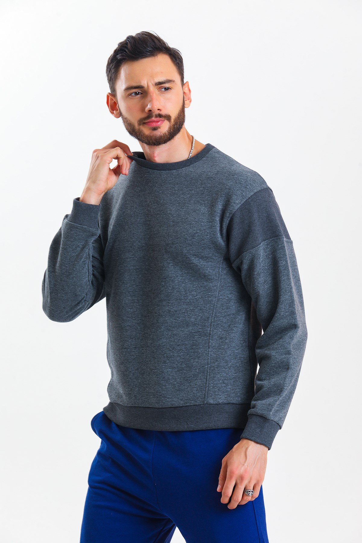 Antrasit Melanj Parçalı Kaşkorse Detaylı Bisiklet Yaka Sweatshirt