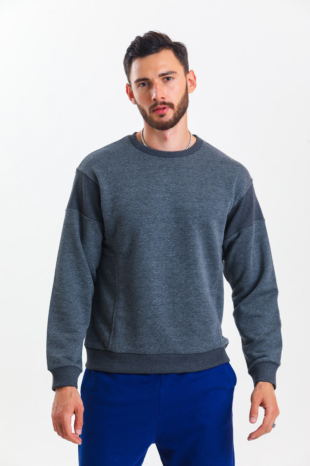 Antrasit Melanj Parçalı Kaşkorse Detaylı Bisiklet Yaka Sweatshirt